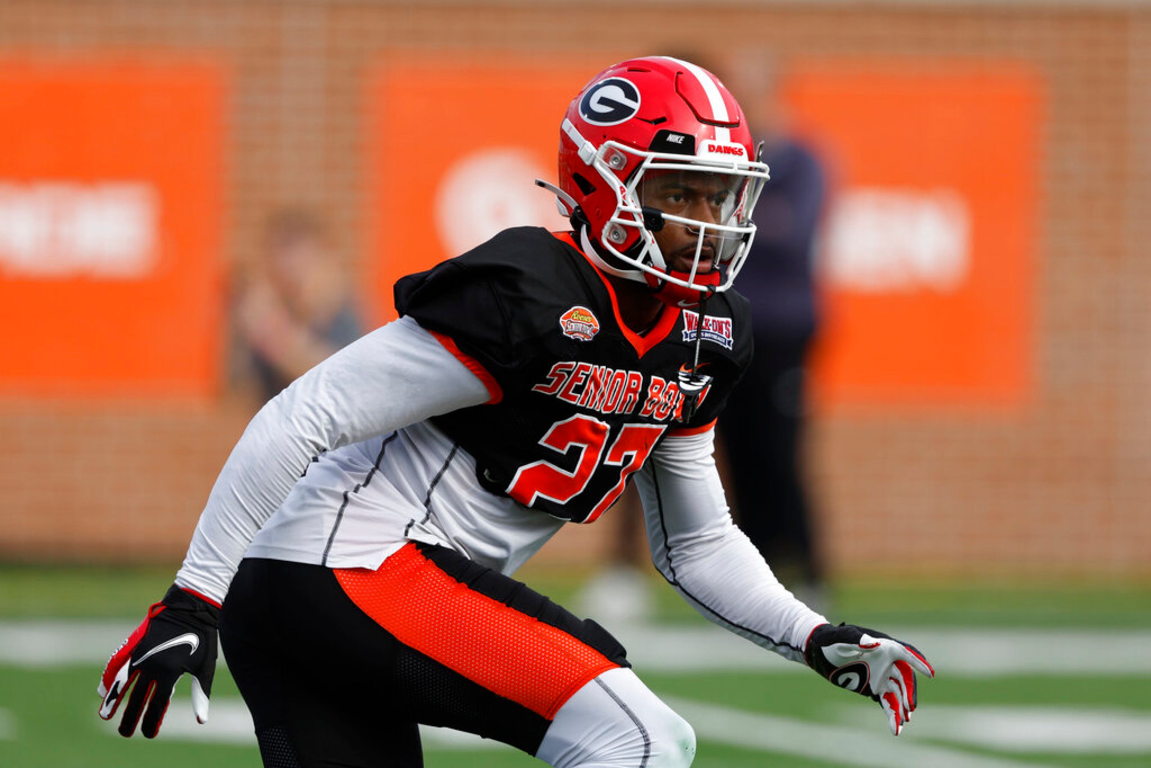 American defensive back Christopher Smith II of Georgia (27) during practice for the Senior Bowl NCAA college football game Wednesday, Feb. 1, 2023, in Mobile, Ala.. (AP Photo/Butch Dill)