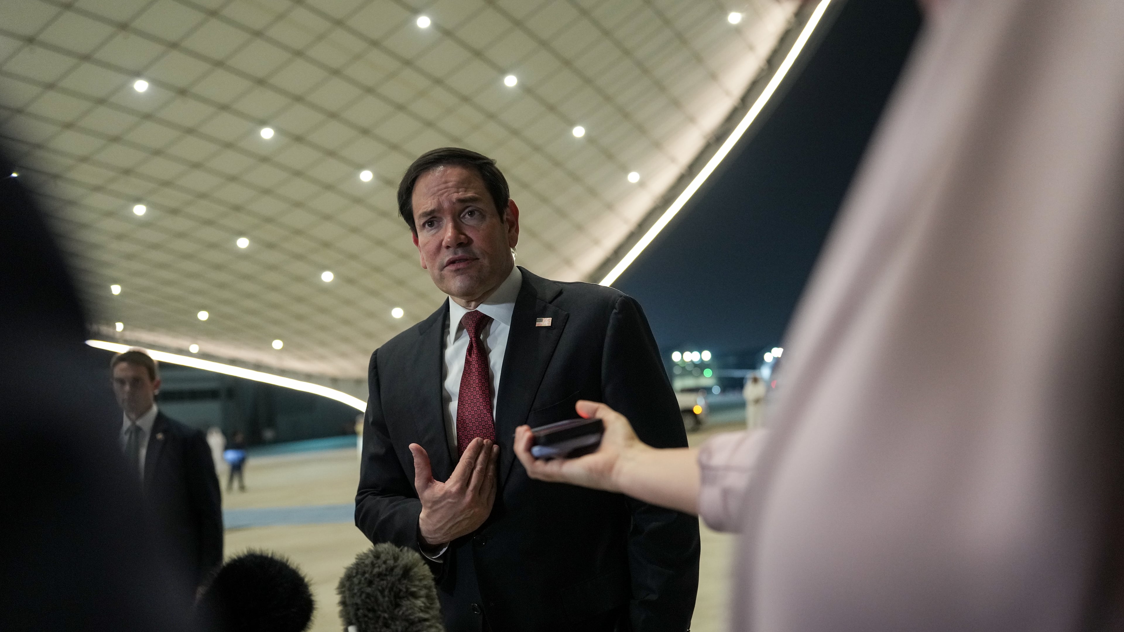 Secretary of State Marco Rubio speaks to the media upon his arrival at Al Bateen Executive Airport, in Abu Dhabi, United Arab Emirates, Tuesday, June 23, 2026. (Eric Lee/Pool Photo via AP)