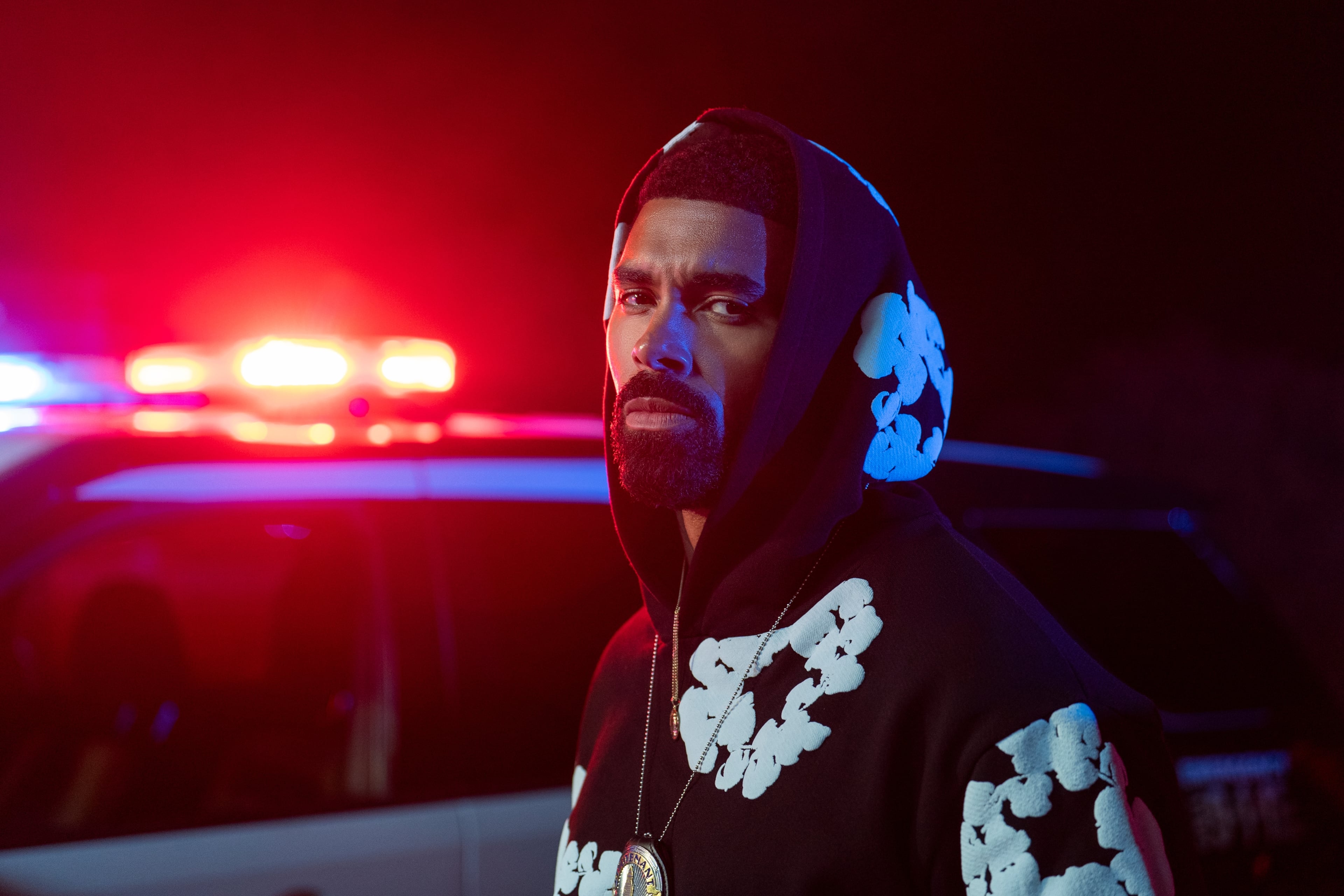 Matthew Law plays police officer Isaiah Stiles, who chases after Y'lan Noel's character, master thief Coltrane Wilder, in the new Netflix show "Nemesis." (Courtesy of Saeed Adyani/Netflix)