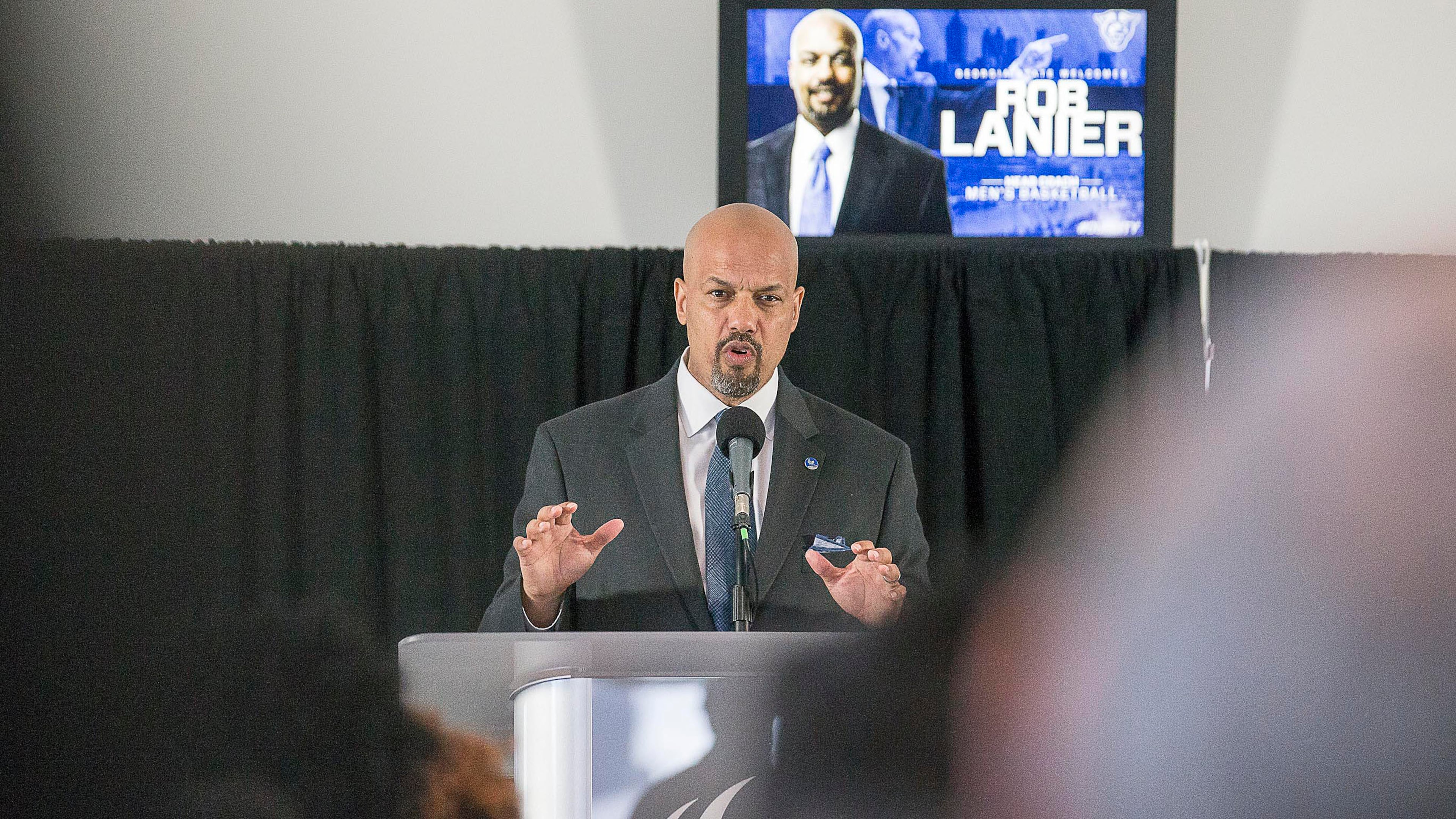 Lanier era begins at Georgia State: Rob Lanier speaks during his introductory news conference Tuesday at Georgia State Stadium. Lanier was hired last week as the new head coach of the men's basketball team. (Alyssa Pointer/Alyssa.Pointer@ajc.com)