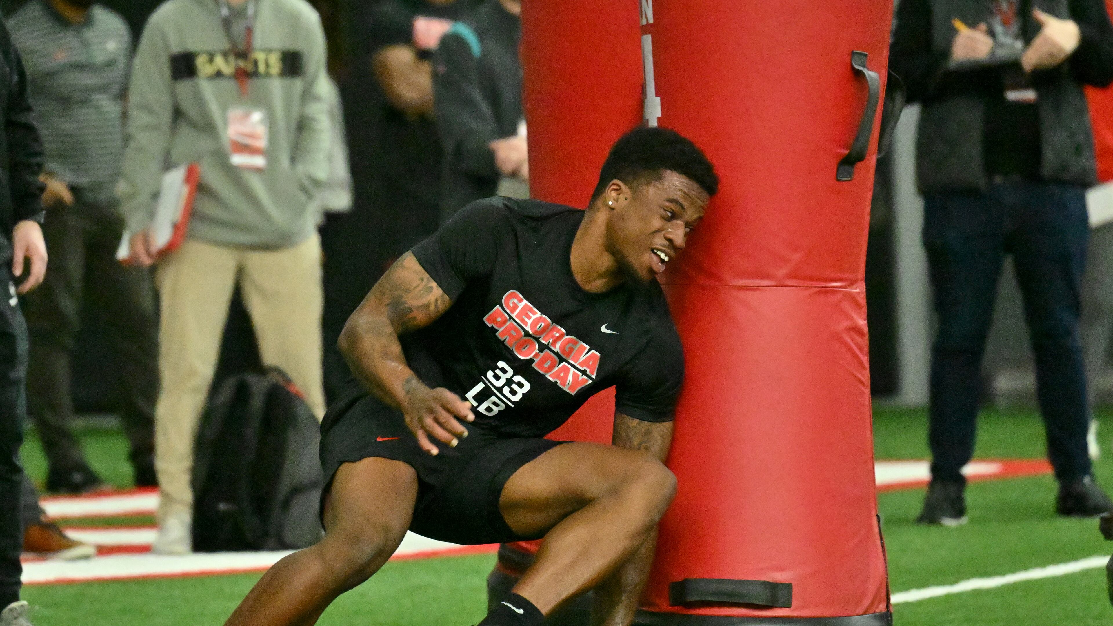 Georgia's linebacker Robert Beal runs drills during Georgia’s Pro Day in the Payne Indoor Athletic Facility, Wednesday, March 15, 2023, in Athens, GA. (Hyosub Shin / Hyosub.Shin@ajc.com)