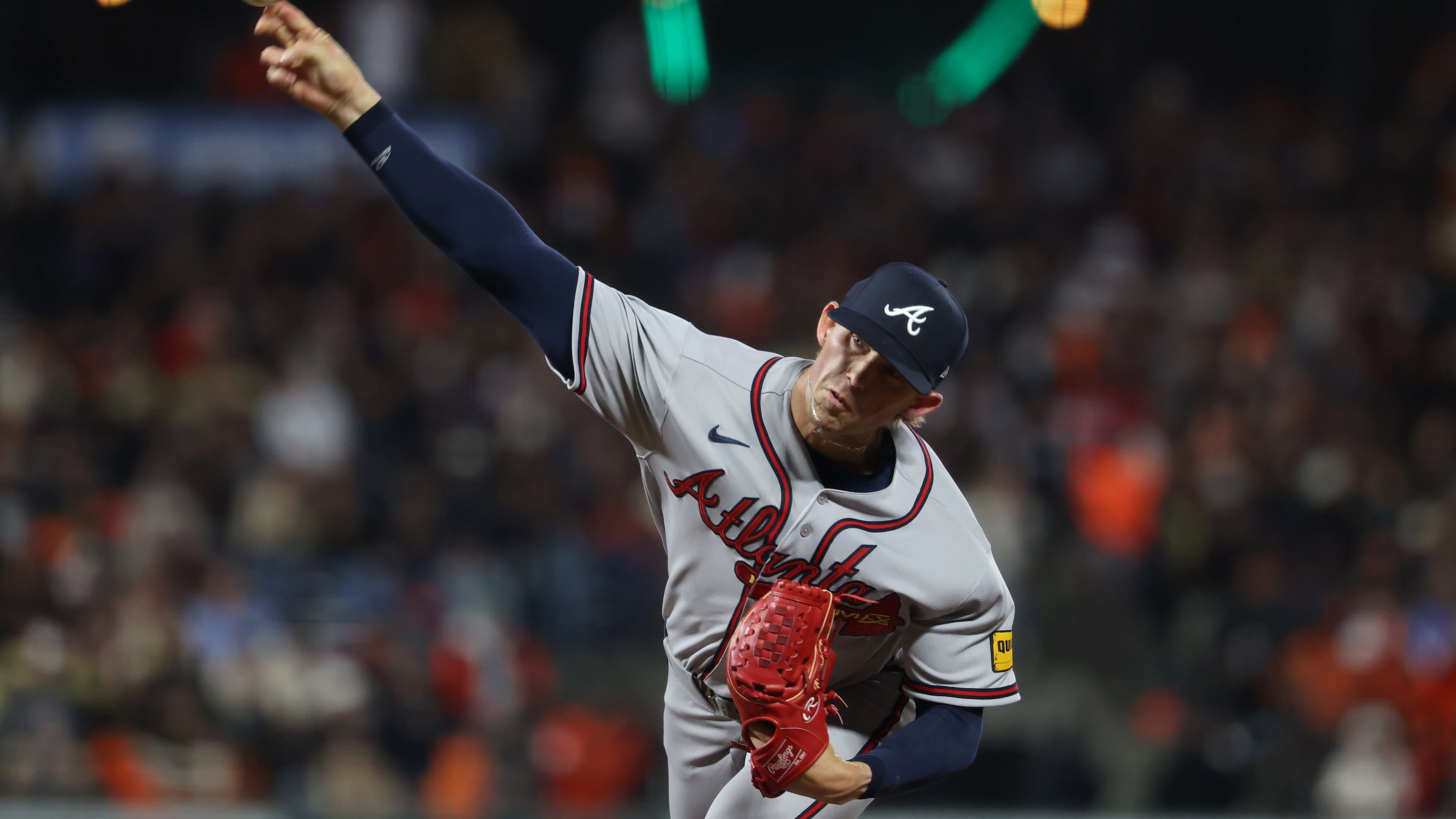 Braves pitcher Hurston Waldrep throws against the Giants during the sixth inning on Friday, June 26, 2026, in San Francisco. Waldrep made his 2026 season debut Friday at Oracle Park. (Jed Jacobsohn/AP)