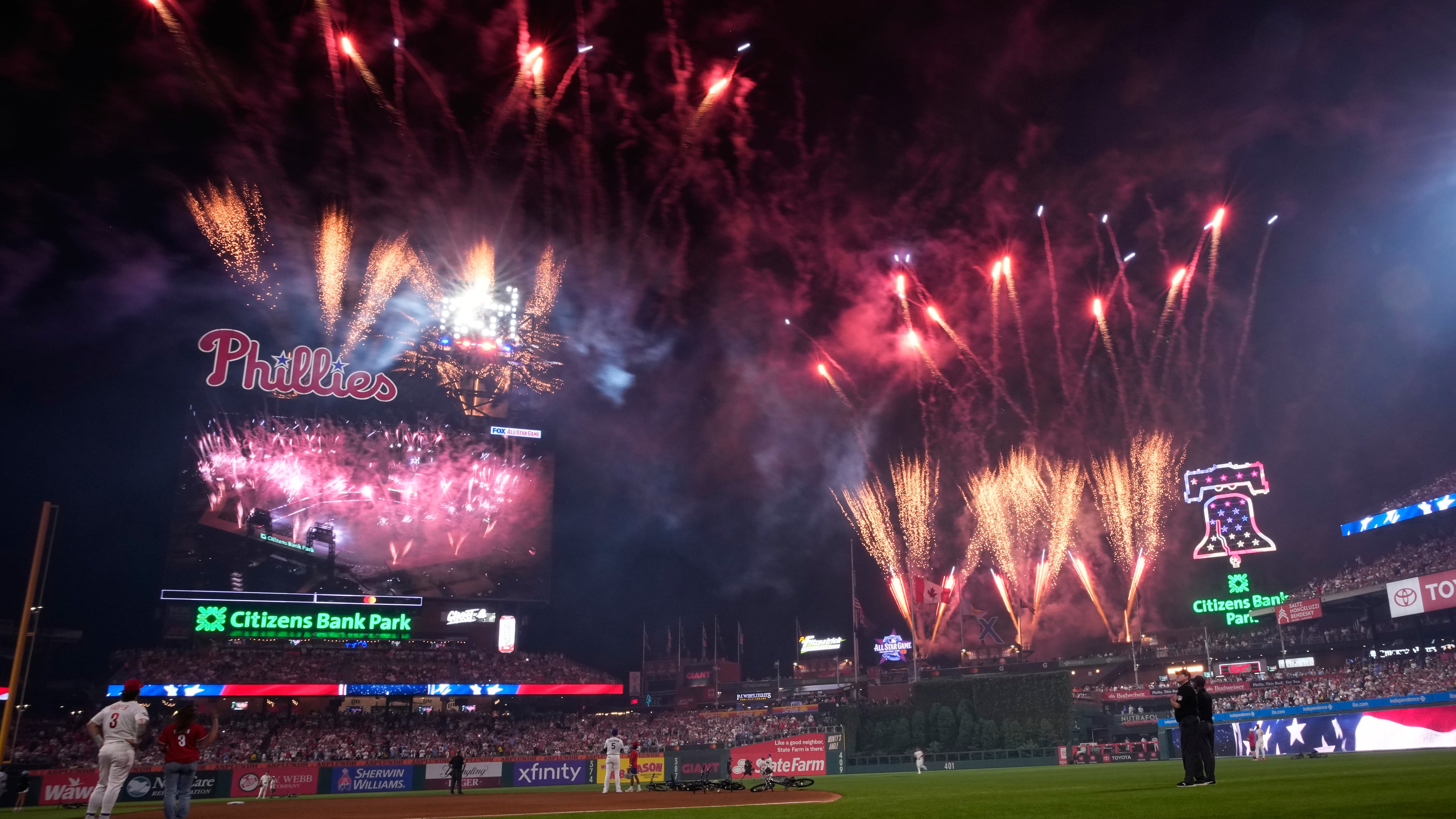 Fireworks explode during the MLB baseball All-Star Game between the American League and National League, Tuesday, July 14, 2026, in Philadelphia. (AP Photo/Matt Slocum)