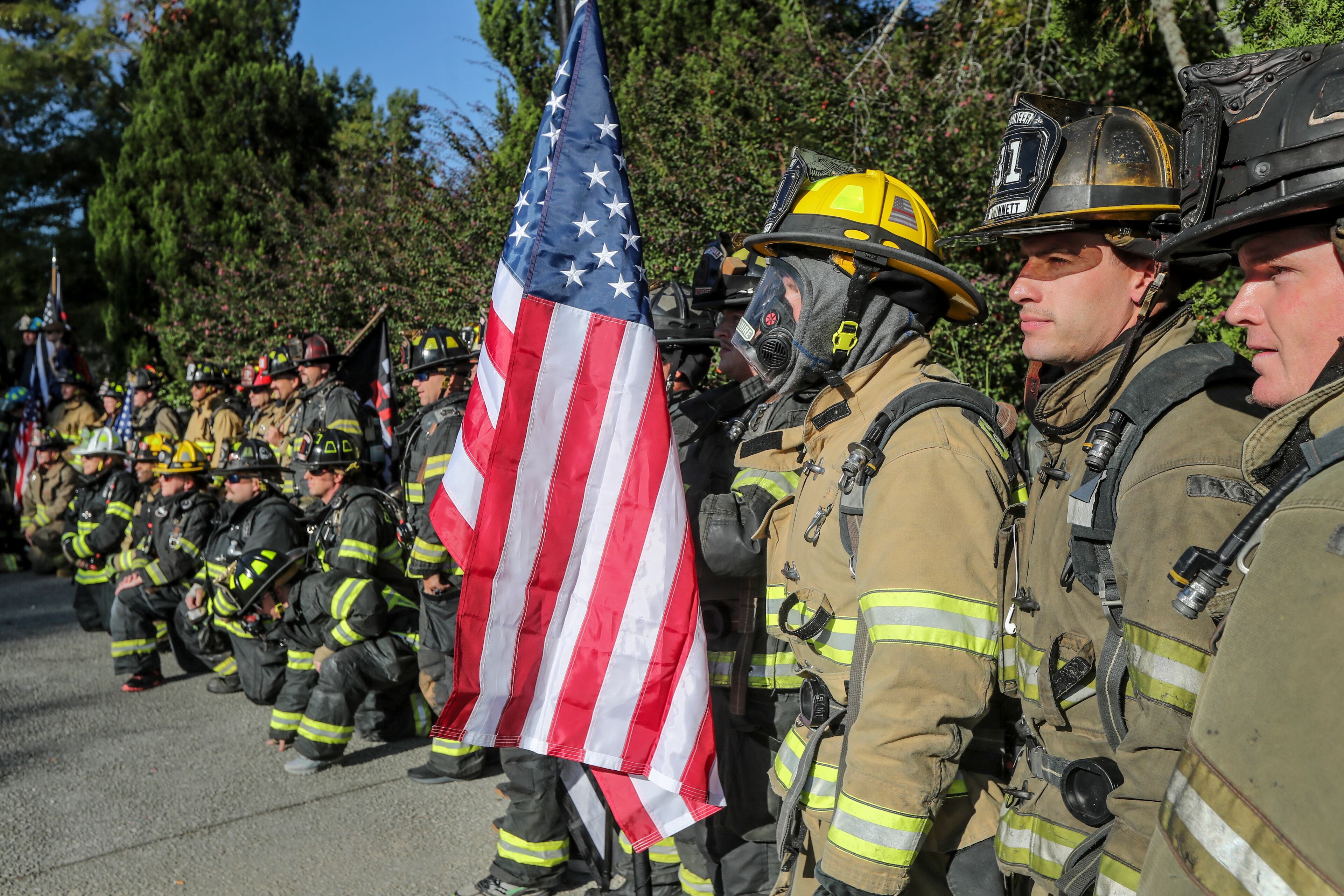 September 10, 2021 Stone Mountain: Wearing a full turnout firefighting gear, some 200 metro Atlanta area firefighters honored the 343 firefighters and paramedics, and 72 law enforcement officers who lost their lives on Sept. 11, 2001 by ascending Stone Mountain on Friday, September 10, 2021. The City of Fayetteville Fire Department who sponsors the annual event for the one-mile climb that is equivalent to 160 flights of stairs has seen the event grow every year that also includes police and military participants. Numerous events are scheduled Saturday around the metro area to observe the 20th anniversary of the terror attacks on Sept. 11, 2001. (John Spink / John.Spink@ajc.com)