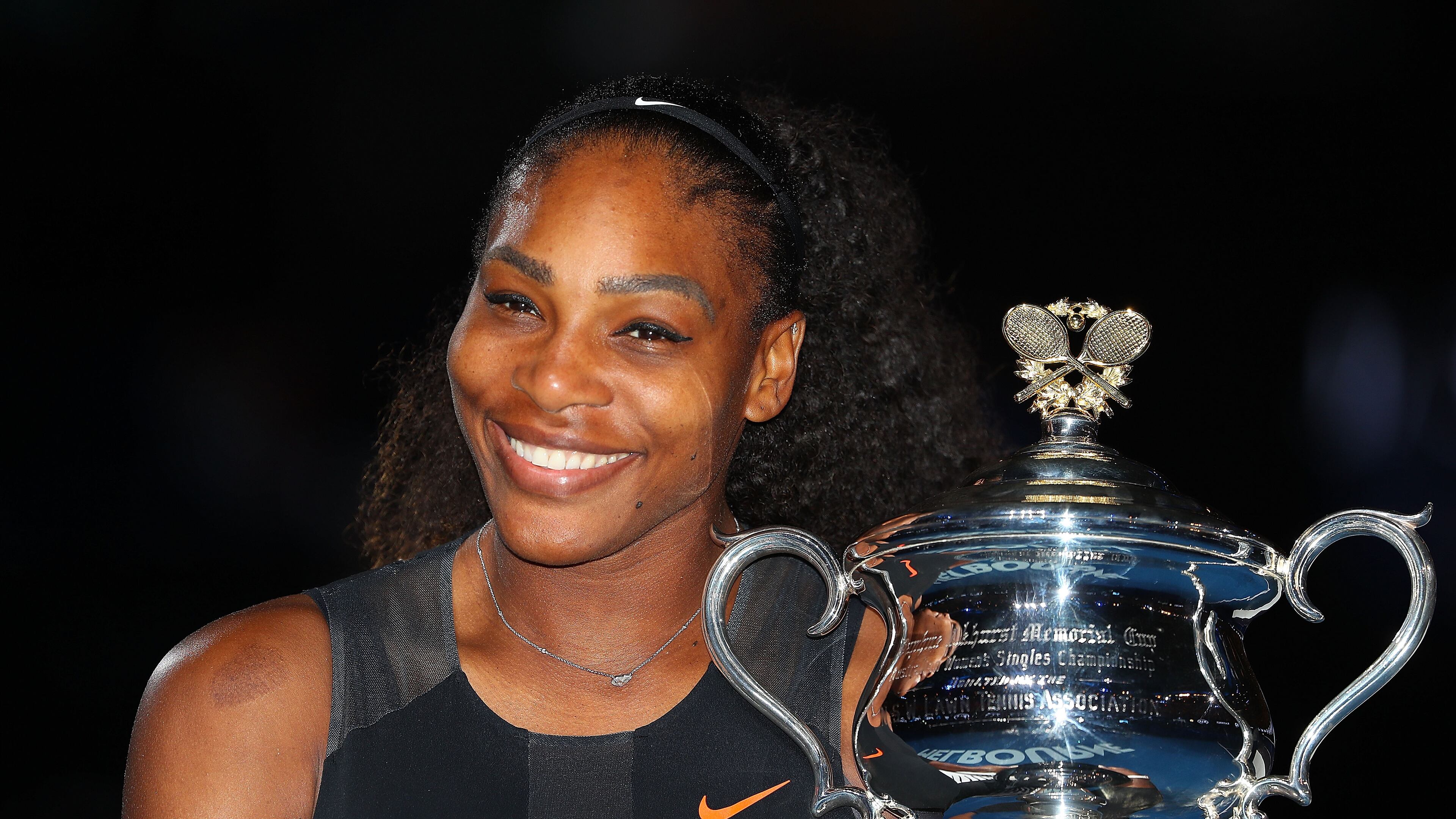 Serena Williams poses with the Daphne Akhurst Trophy after winning the Women's Singles Final against Venus Williams of the United States on day 13 of the 2017 Australian Open at Melbourne Park on January 28, 2017 in Melbourne, Australia. (Photo by Scott Barbour/Getty Images)