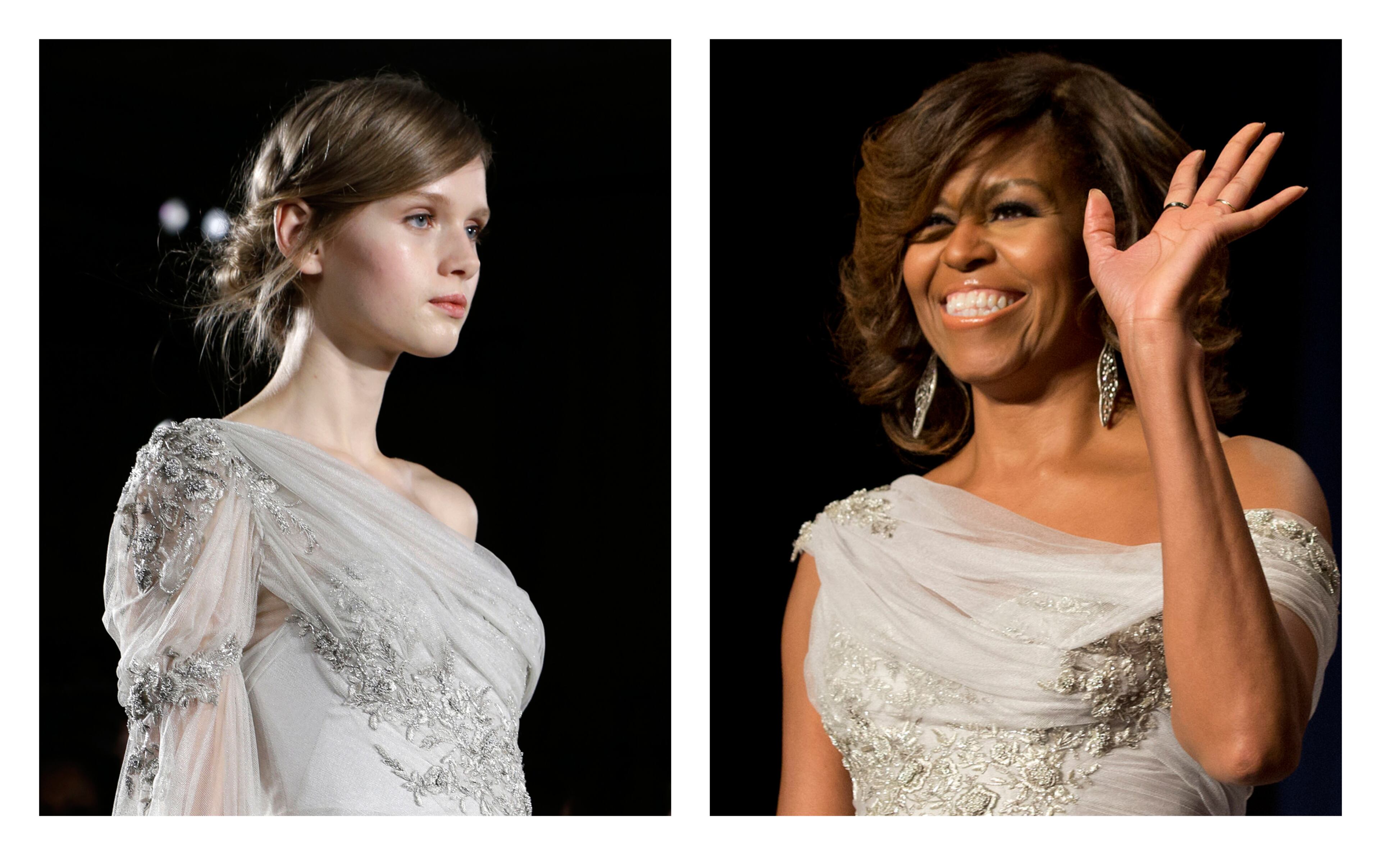 This two-picture combo of file photos shows a model walking the runway during the Marchesa Fall 2013 fashion show at Fashion Week in New York, Feb. 13, 2013, left, and first lady Michelle Obama waving as she arrives at the White House Correspondents' Association (WHCA) Dinner in Washington, May 2, 2014. First lady Michelle Obama in a Marchesa gown at the White House Correspondents' Association dinner, her gown was a custom version of a dress from the Marchesa Fall 2013 collection shown on the runway. (AP Photo/File)