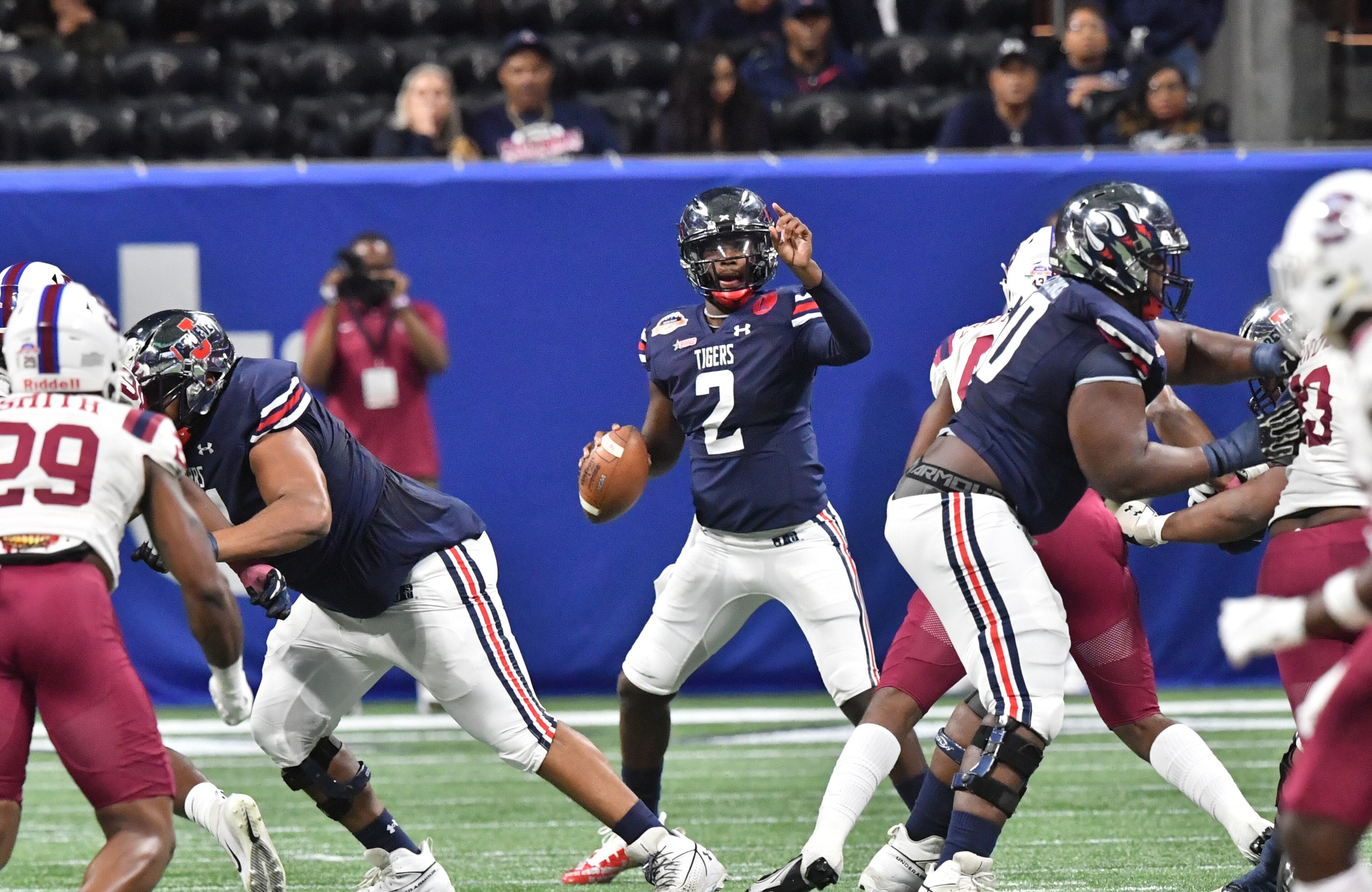 Jackson State's quarterback Shedeur Sanders (2) prepares to pass during the first half of the 2021 Cricket Celebration Bowl at Mercedes-Benz Stadium in Atlanta on Saturday, December 18, 2021. (Hyosub Shin / Hyosub.Shin@ajc.com)