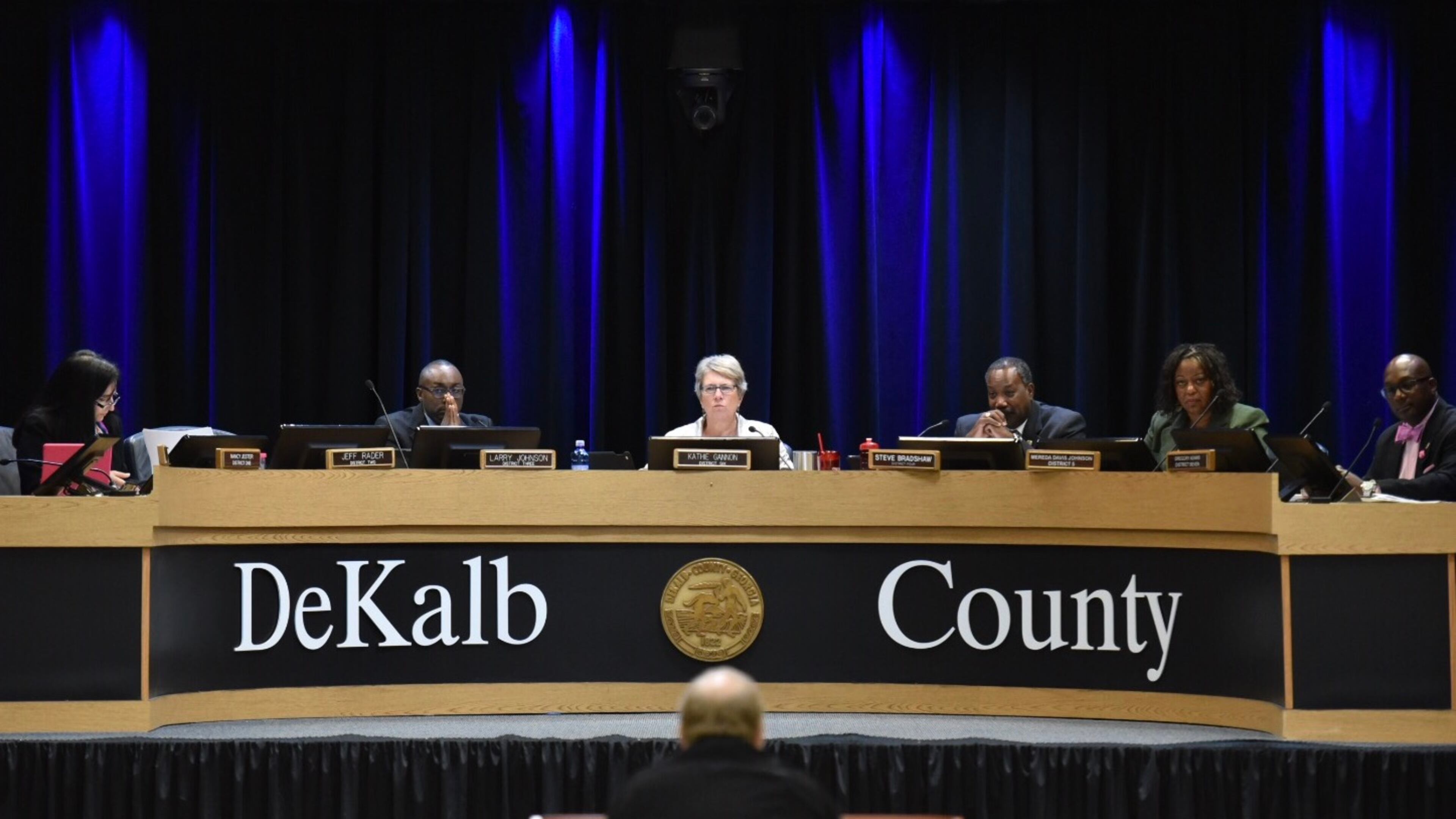 The DeKalb County Board of Commissioners voted Tuesday to put a sales tax increase on November's ballot. From left: Commissioners Nancy Jester, Larry Johnson, Kathie Gannon, Steve Bradshaw, Mereda Davis Johnson and Greg Adams. HYOSUB SHIN / Hyosub.Shin@ajc.com