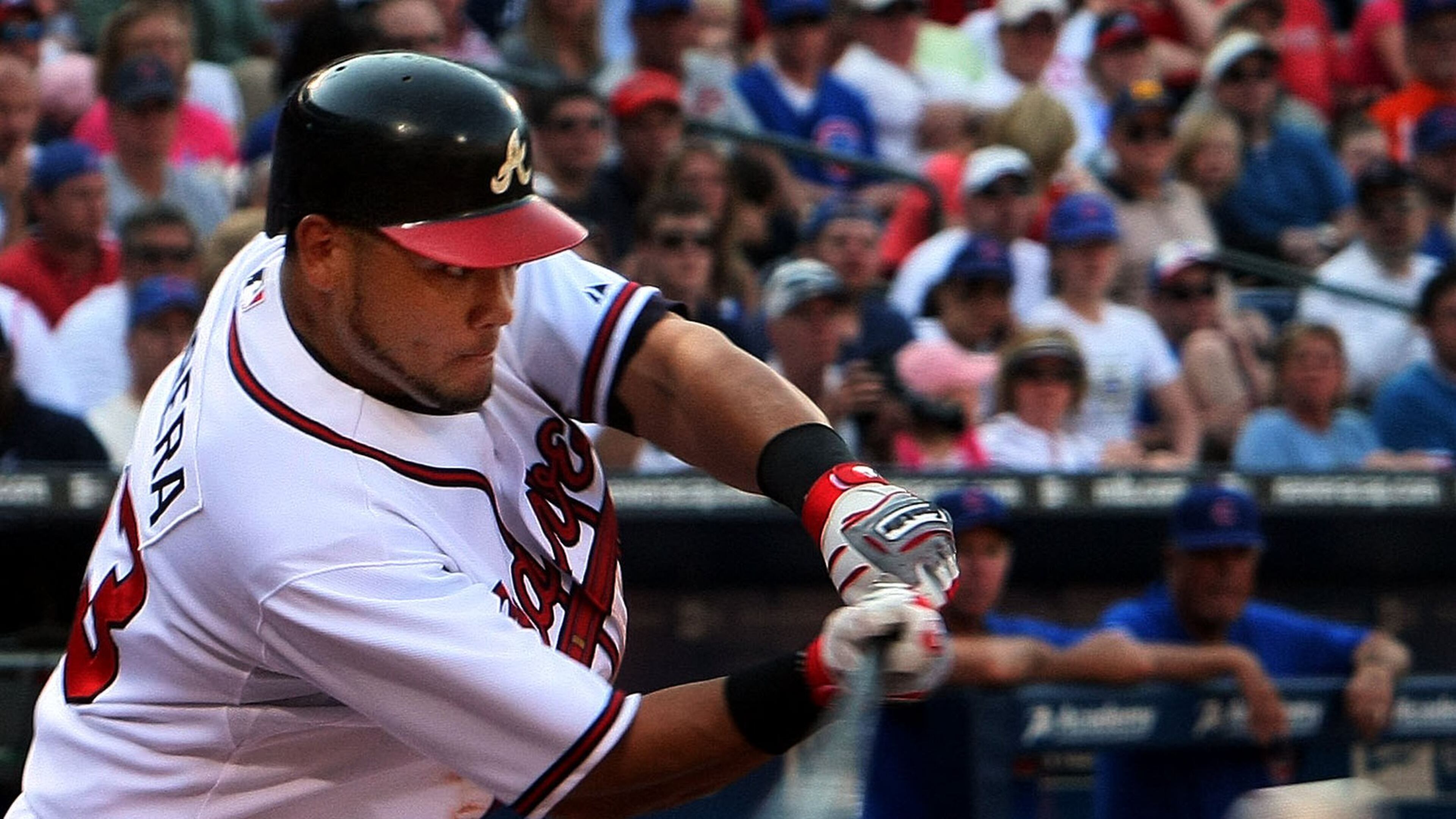 In 2005 file image, Atlanta Brave Melky Cabrera takes a swing against the Chicago Cubs. Cabrera hit the foul ball that struck a 6-year-old child in the head in 2010. Phil Skinner/ajc, pskinner@ajc.com