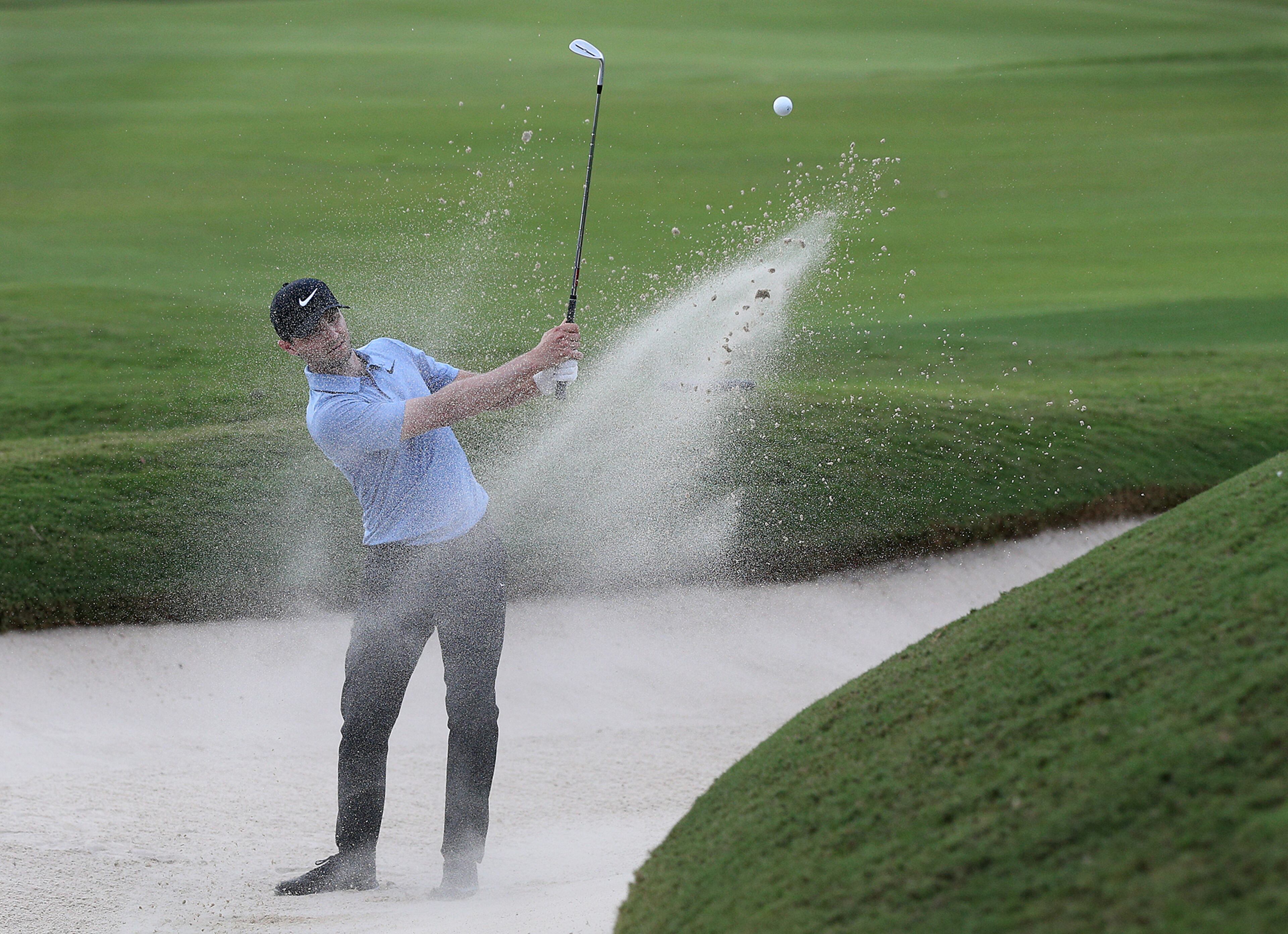 September 21, 2017 Atlanta: Kyke Stanley hits from the bunker to the 18th green on his way to a par to finish at 6-under for the early lead in the opening round of the Tour Championship on Thursday, September 21, 2017, at East Lake Golf Club in Atlanta. Curtis Compton/ccompton@ajc.com