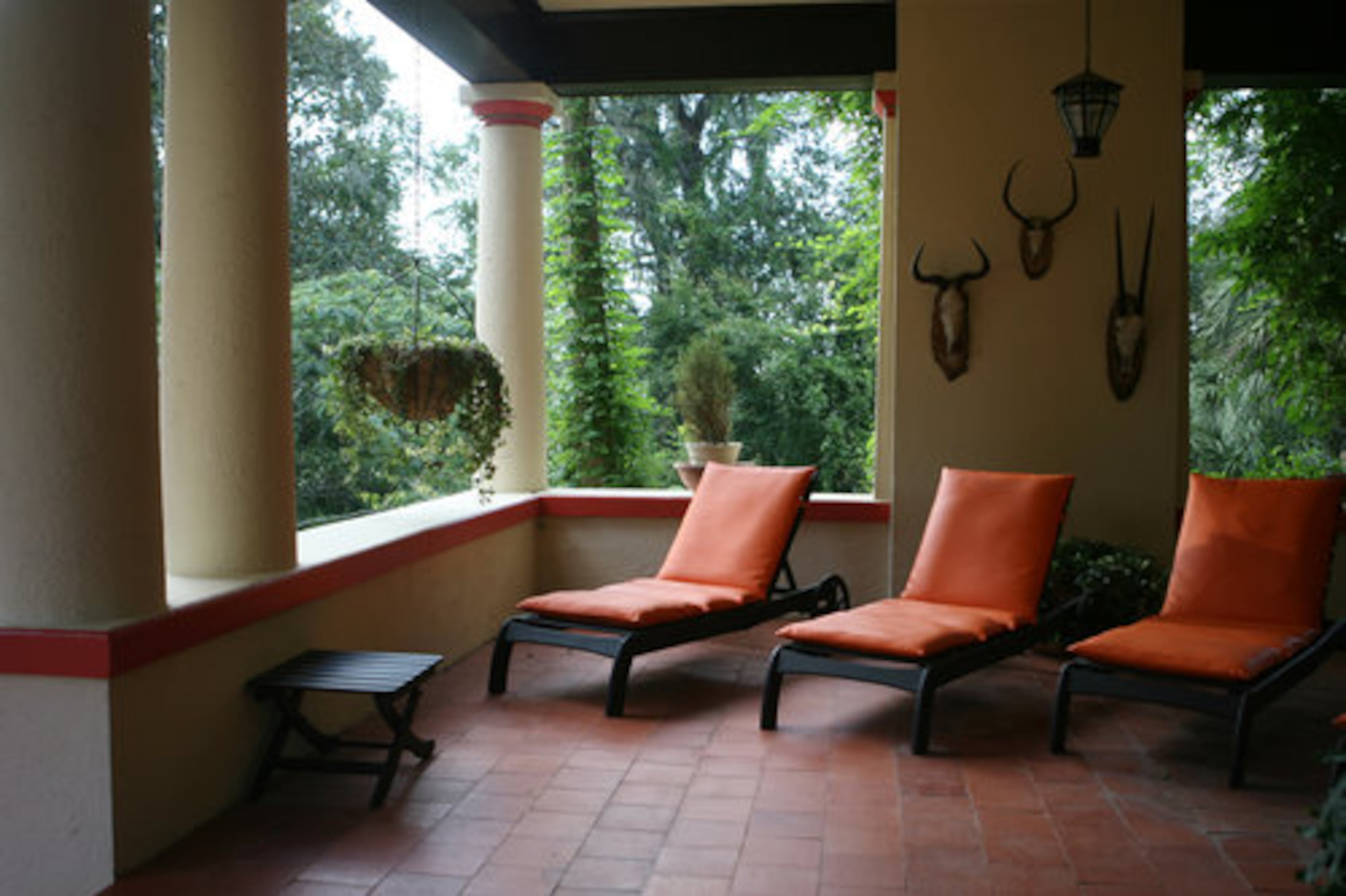 Bright orange chaise cushions and trim work inject a bright counterpoint to the cool tones of Chinquapin's exterior in this side terrace. The home is surrounded with lush, ornate gardens.