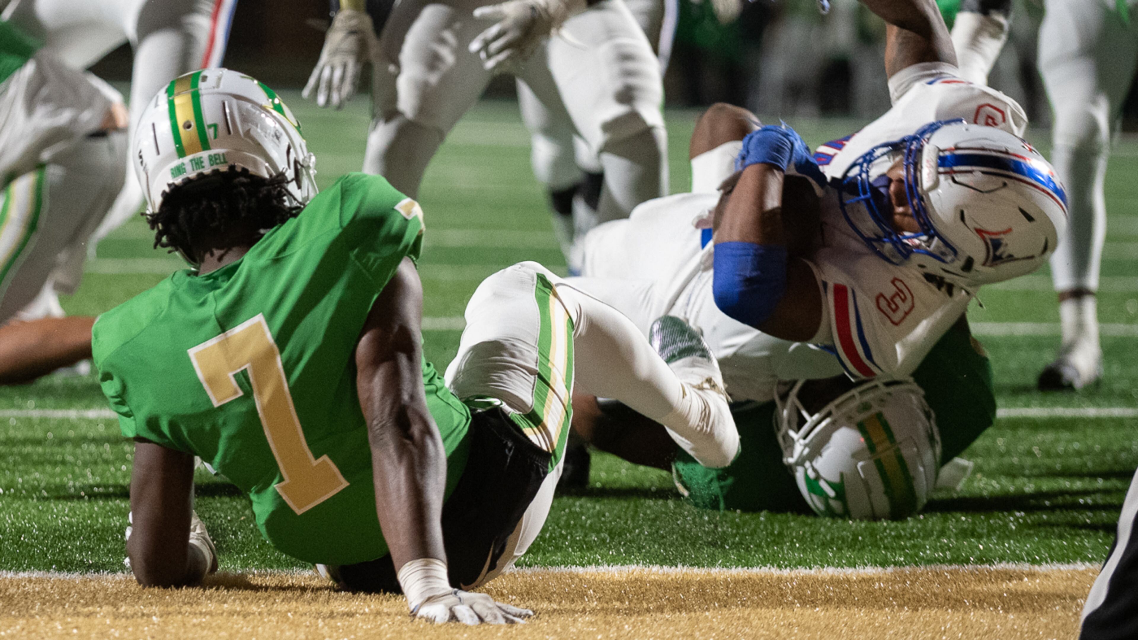 Makari Bodiford, running back for Walton is tackled during the Walton vs. Buford High School Football game on Friday, Nov. 18, 2022, at Buford High School in Buford, Georgia. (Jamie Spaar for the Atlanta Journal Constitution)