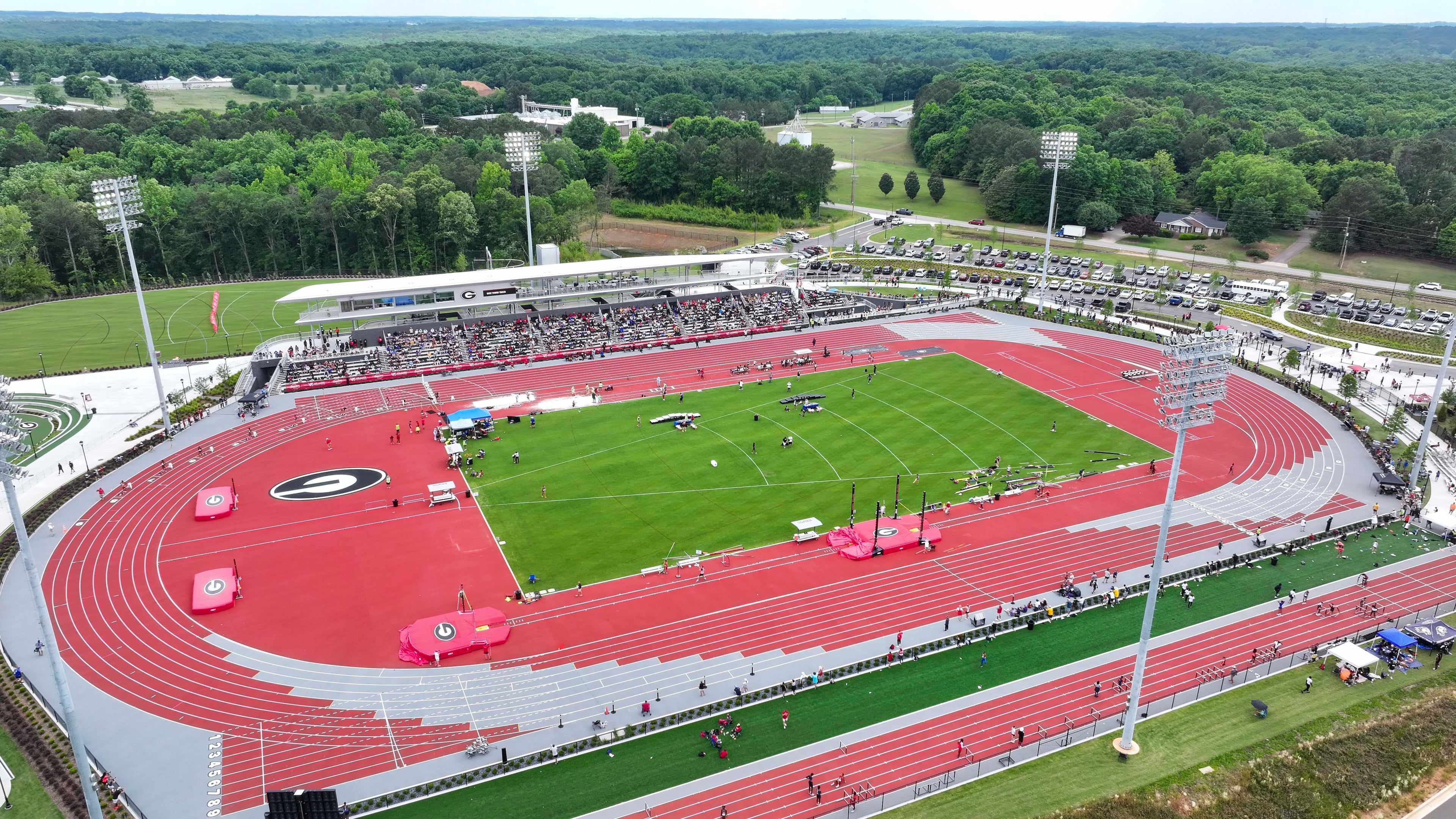An aerial image depicts the UGA Spec Towns Track where the GHSA track and field state championship is taking place on Monday, May 11, 2026, in Athens.
(Miguel Martinez/AJC)