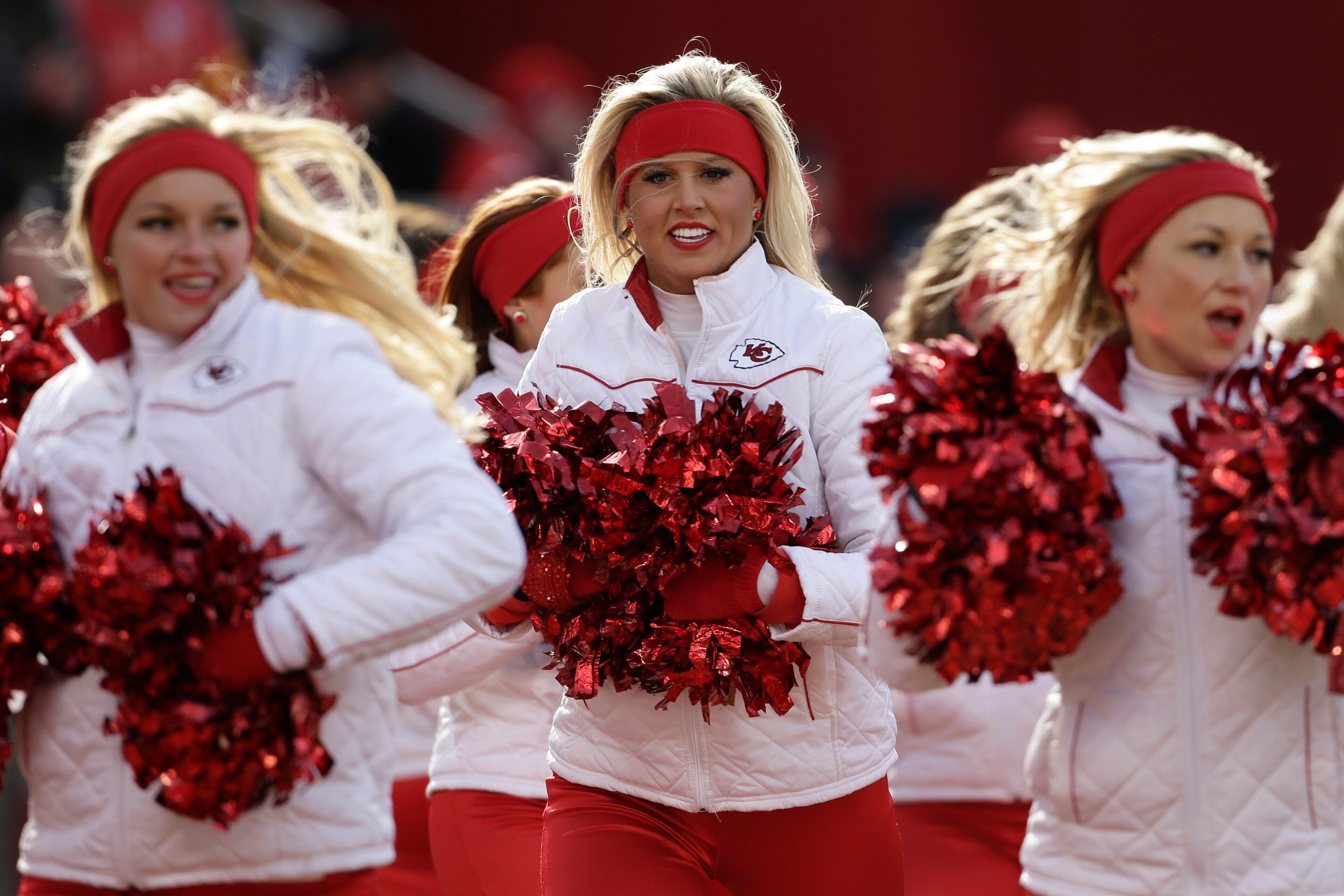 Kansas City Chiefs cheerleaders perform during the first half of an NFL football game against the San Diego Chargers Sunday, Nov. 24, 2013, in Kansas City, Mo. (AP Photo/Charlie Riedel)
