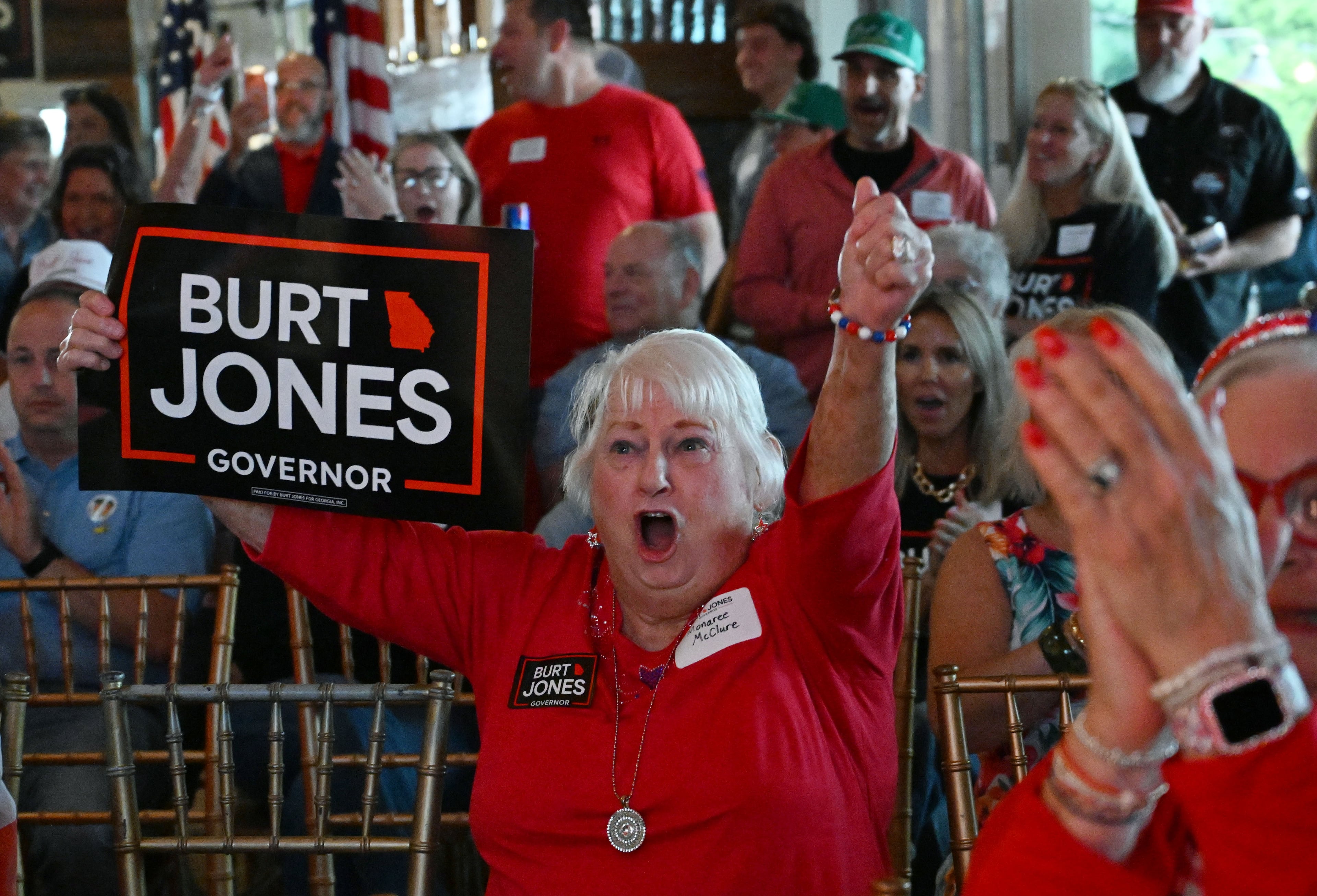 Supporters cheer during the election night watch party for Georgia gubernatorial candidate Burt Jones at The Rivers Ranch during Georgia’s primary runoff on Tuesday, June 16, 2026, in Jackson. (Hyosub Shin/AJC)