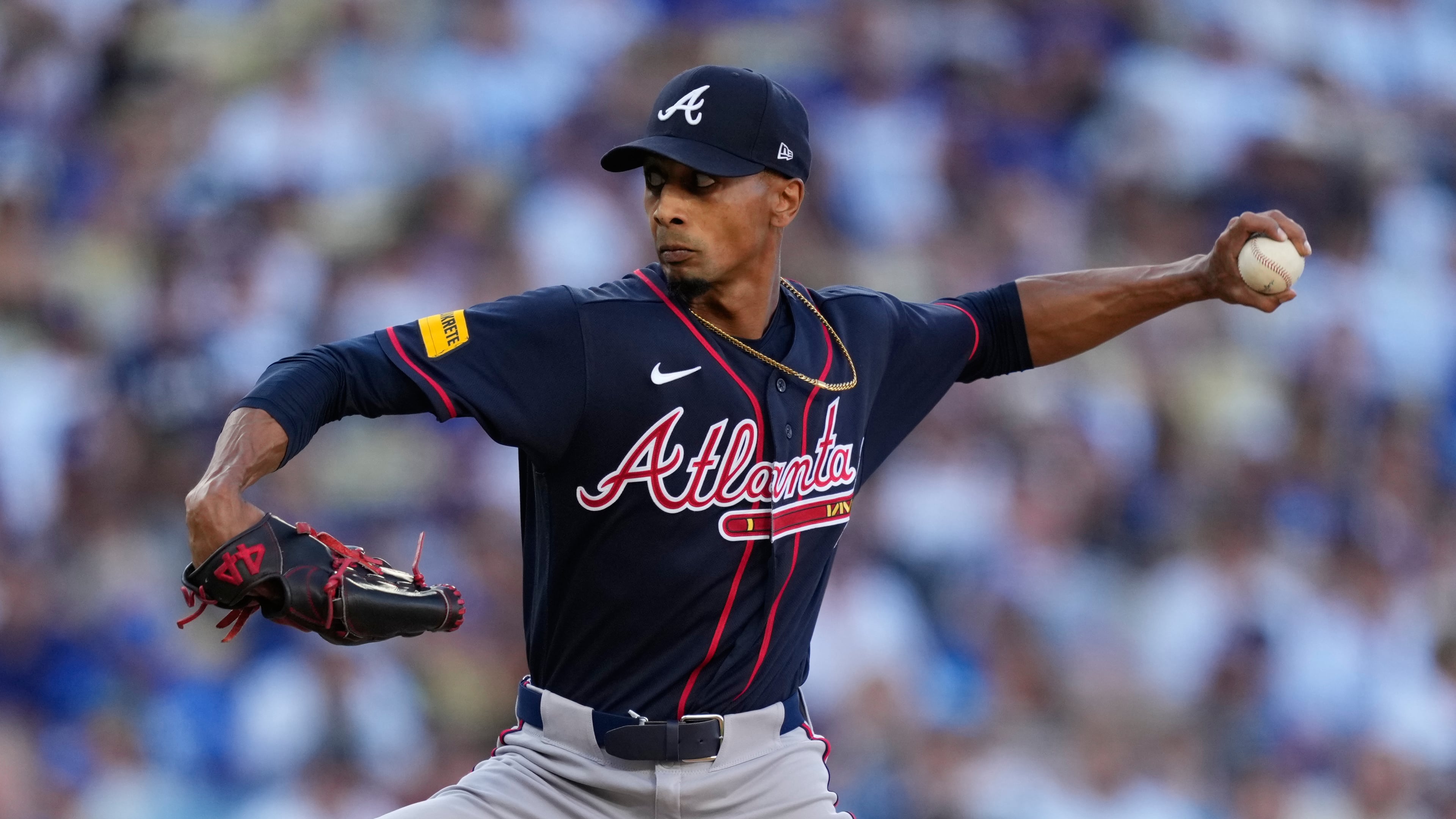 Atlanta Braves pitcher Ray Kerr throws against the Los Angeles Dodgers during the first inning of Game 2 of the National League Division Series on Sunday, Oct. 4, 2026. (Mark J. Terrill/AP)
