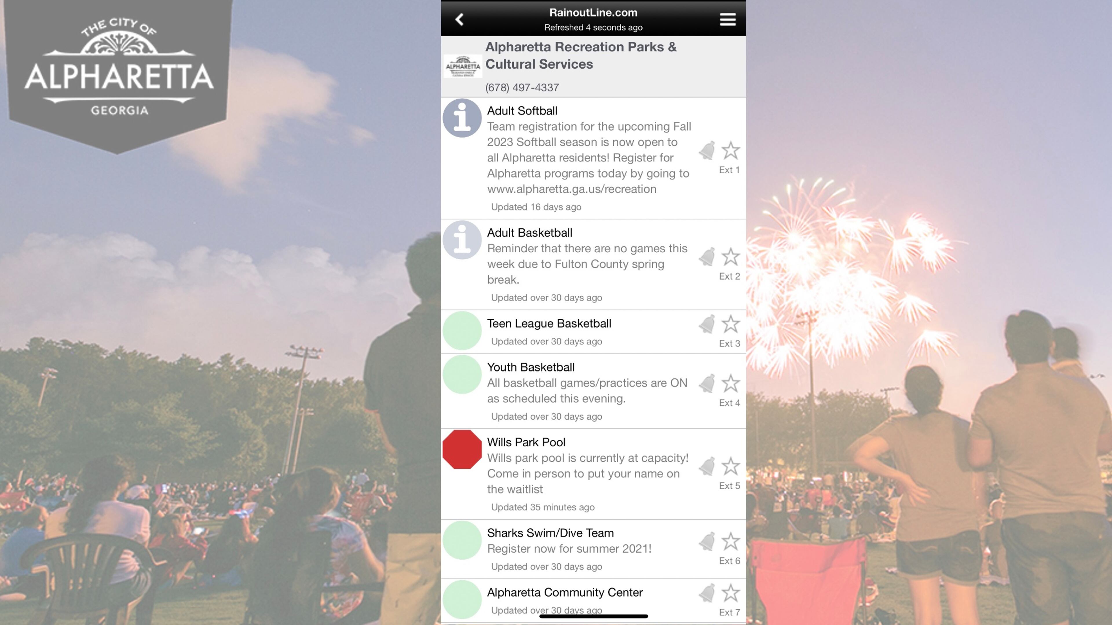 Alpharetta residents can download the free Rainout Line app to receive notifications related to weather, schedule or activity changes. (Courtesy City of Alpharetta)