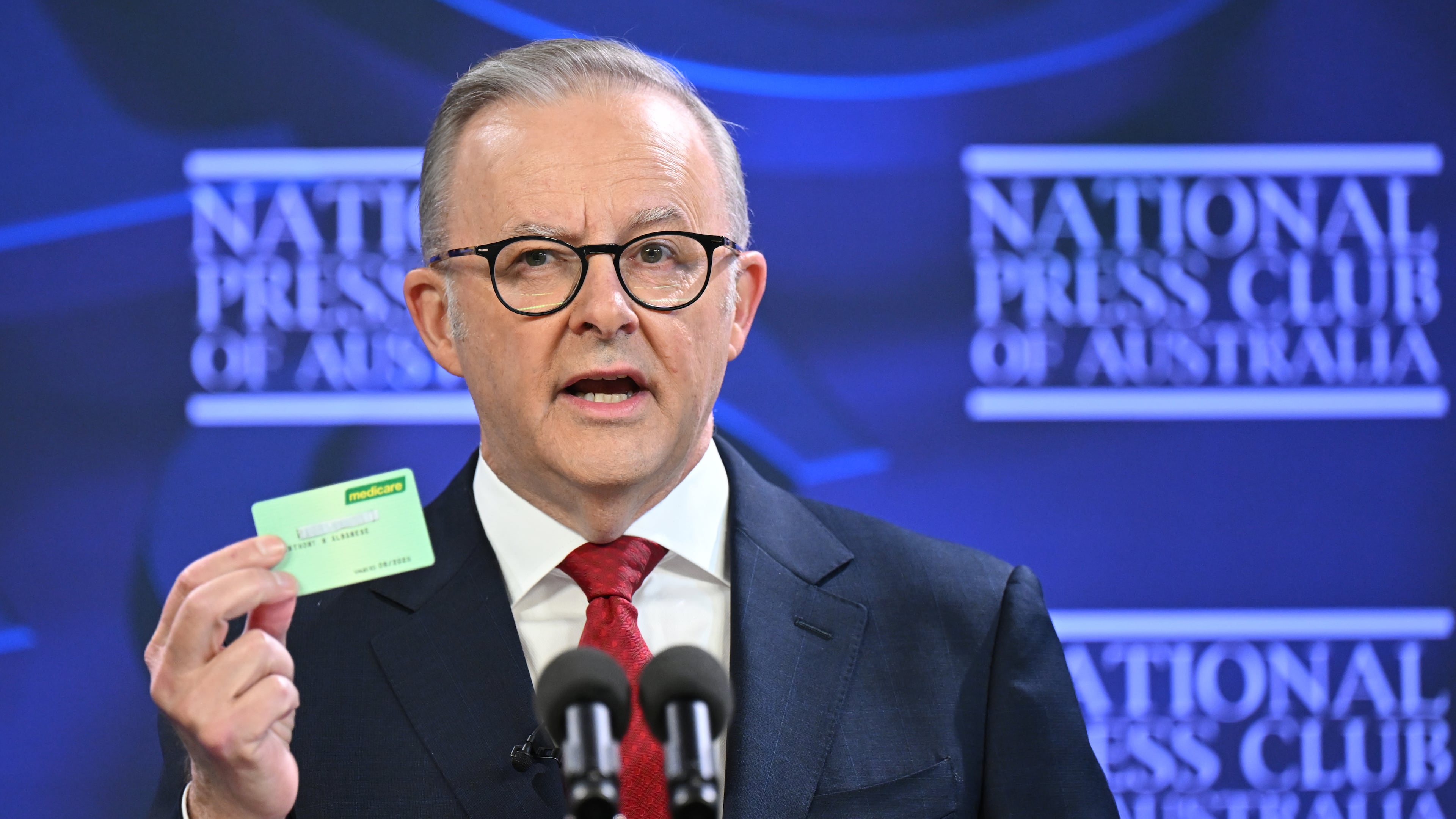 Australian Prime Minister Anthony Albanese addresses the National Press Club in Canberra, Australia, on, April 30, 2025. (Lukas Coch/AAP Image via AP)