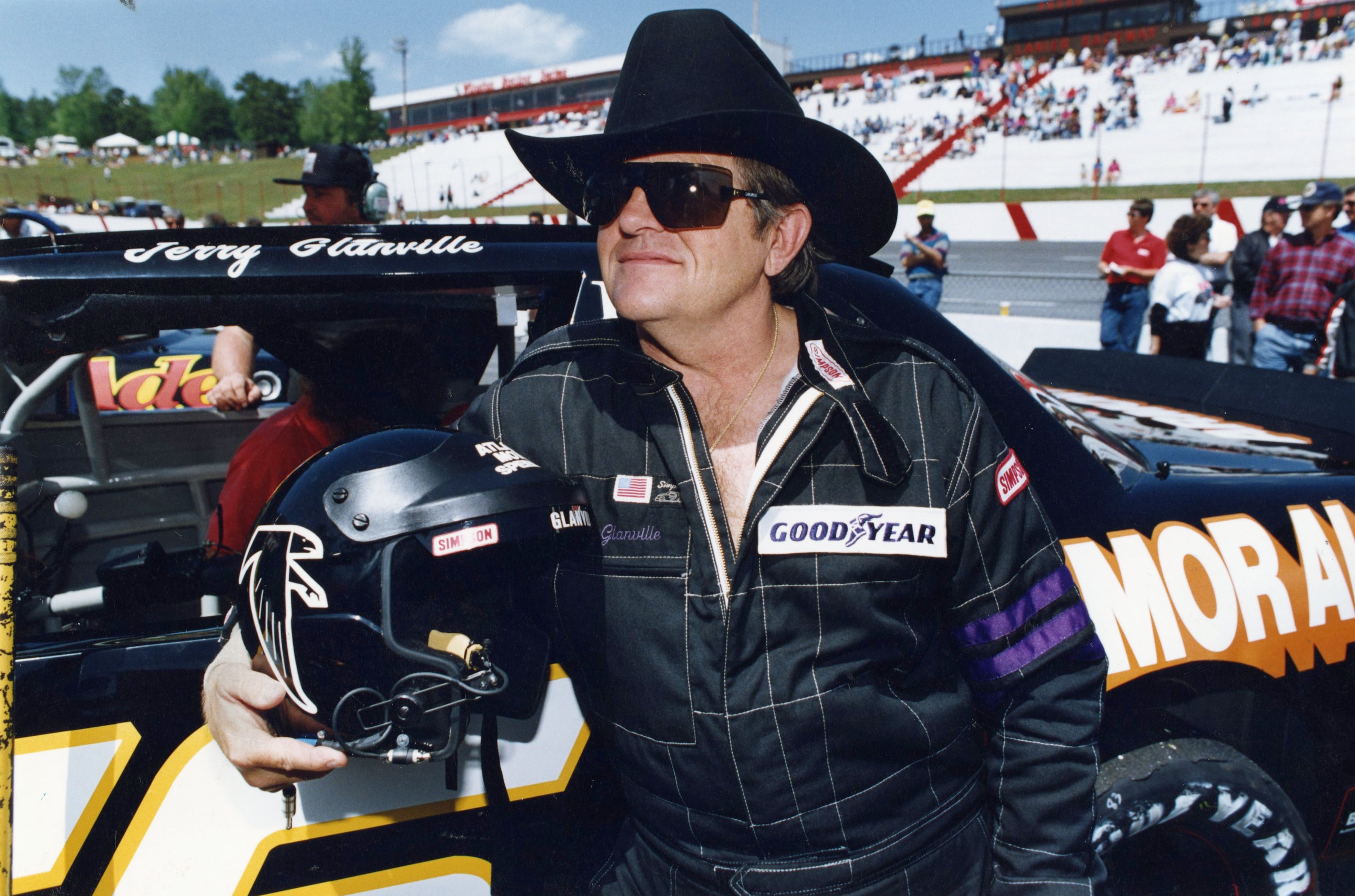 Glanville had a Falcons logo on his racing helmet as he drove in the Busch Grand National circuit in 1992. AJC file photo