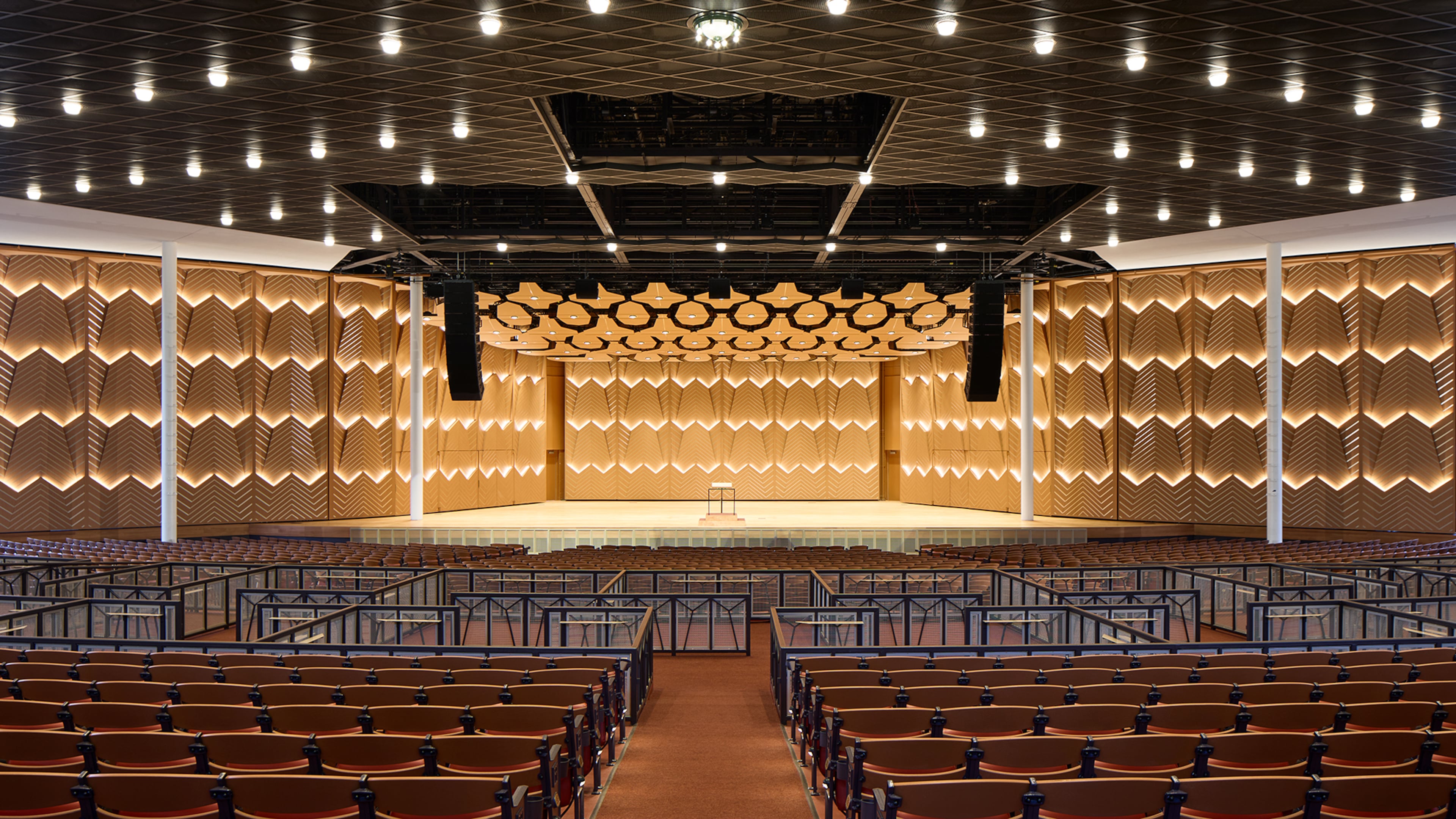 This image released by Ravinia shows the interior of the renovated Hunter Pavilion in Highland Park, Ill., on July 1, 2026. (Dave Burk/Ravinia via AP)