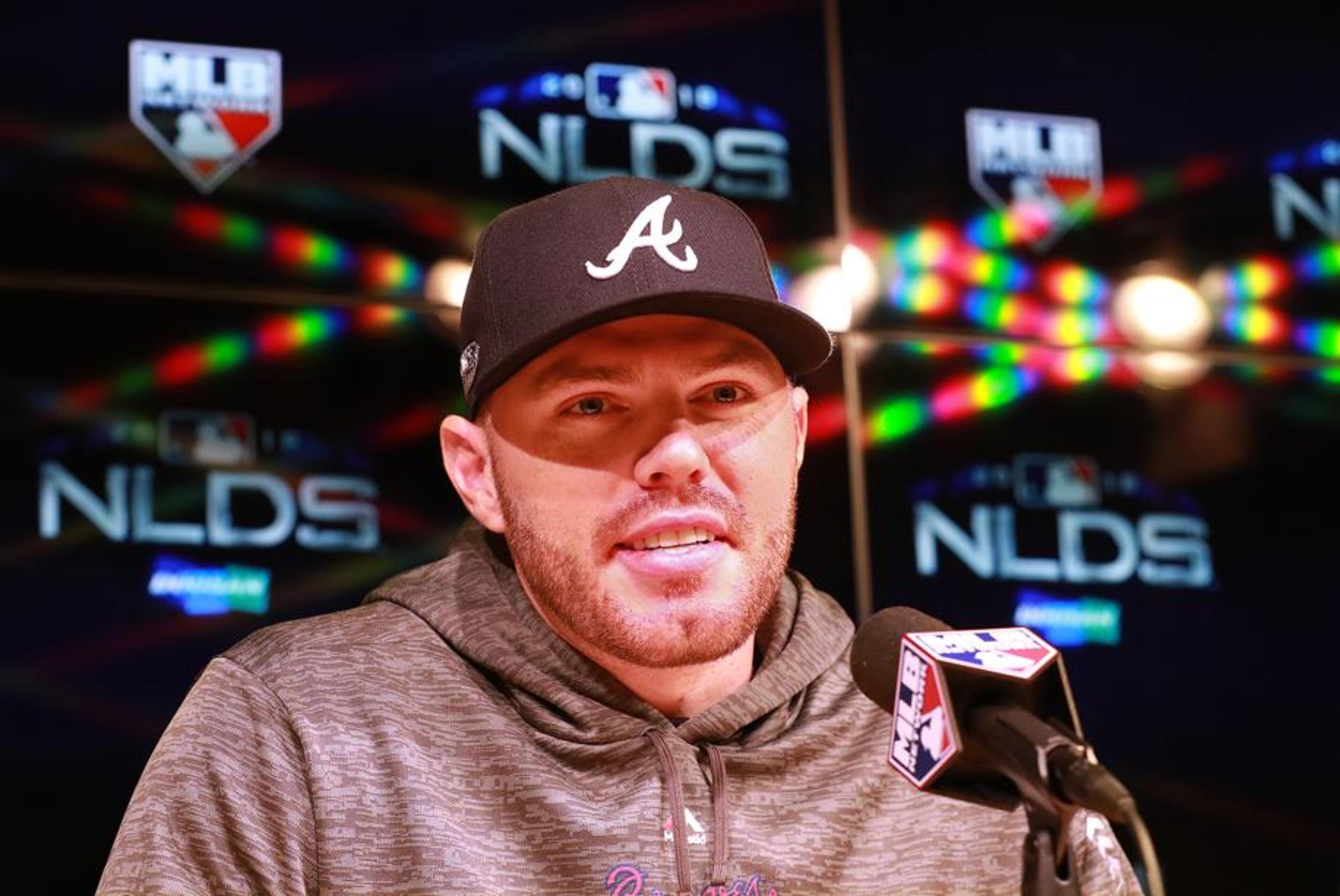 Braves' Freddie Freeman takes questions during his pregame news conference Thursday. Curtis Compton/ccompton@ajc.com