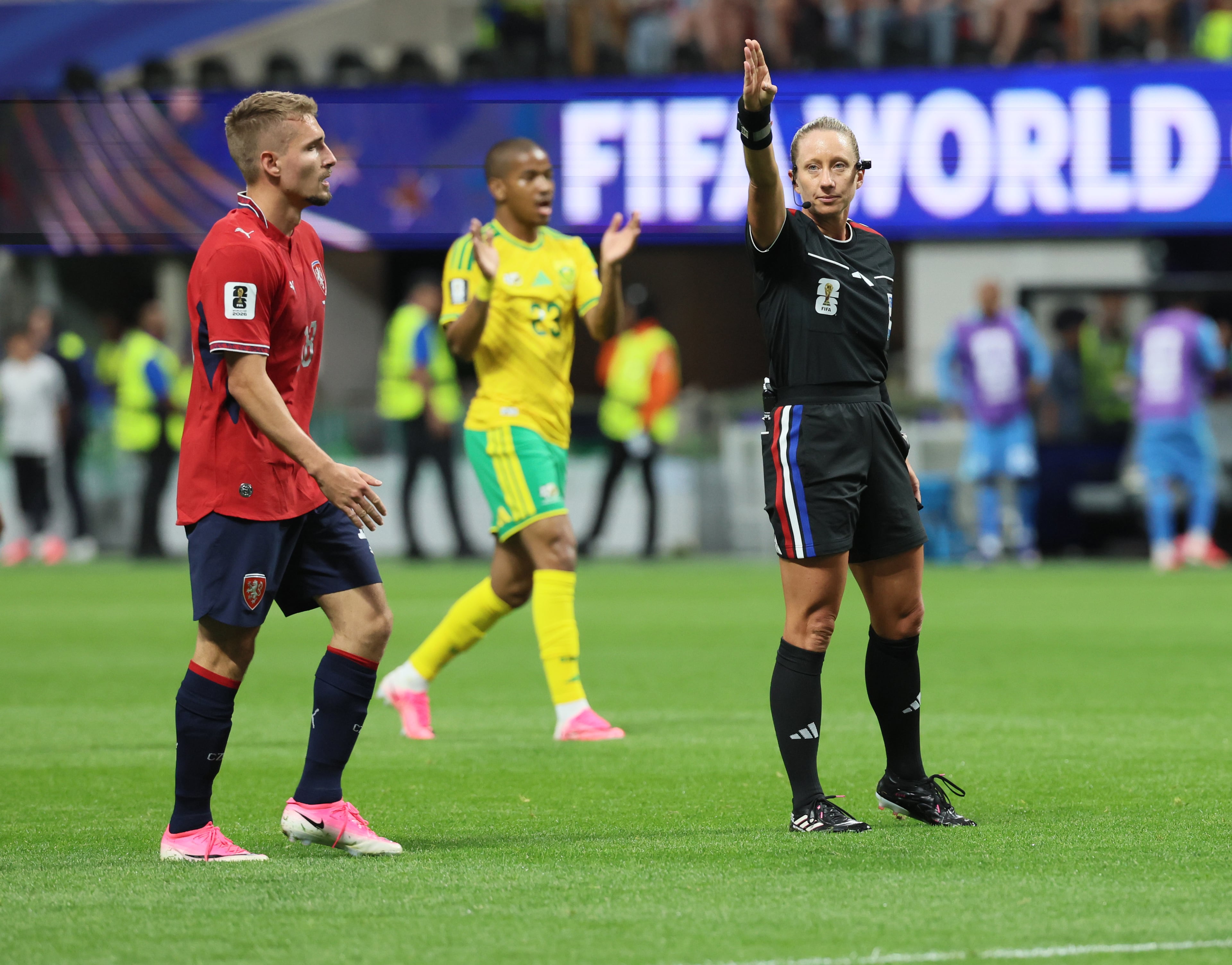 Head referee Tori Penso signals a corner kick for South Africa during first half of the Czechia vs. South Africa World Cup match at Atlanta Stadium on Thursday, June 18, 2026. (Jason Getz/AJC)