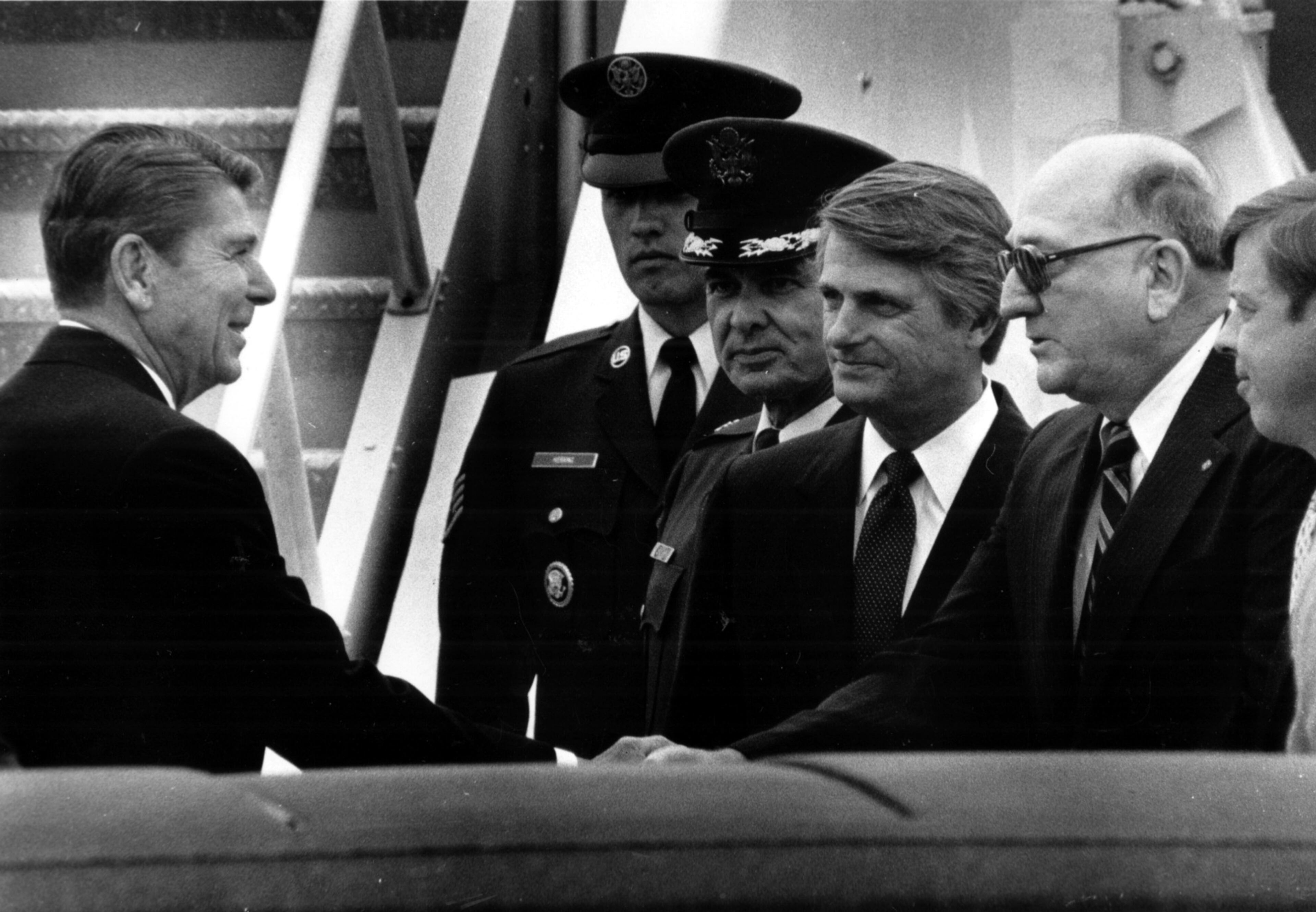 Aug. 3, 1983 - President Ronald Reagan greets Georgia Lt. Gov. Zell Miller and House Speaker Tom Murphy at Dobbins Air Force Base.