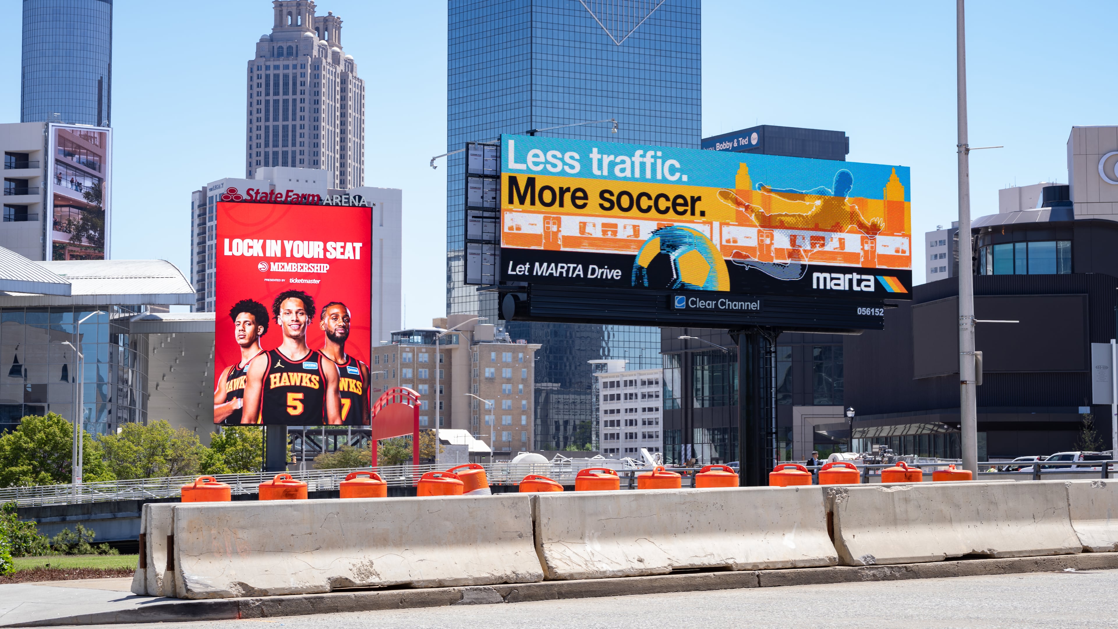 A MARTA billboard about World Cup traffic stands outside the Mercedes-Benz Stadium on Thursday, May 14, 2026. (Ben Hendren for the AJC)