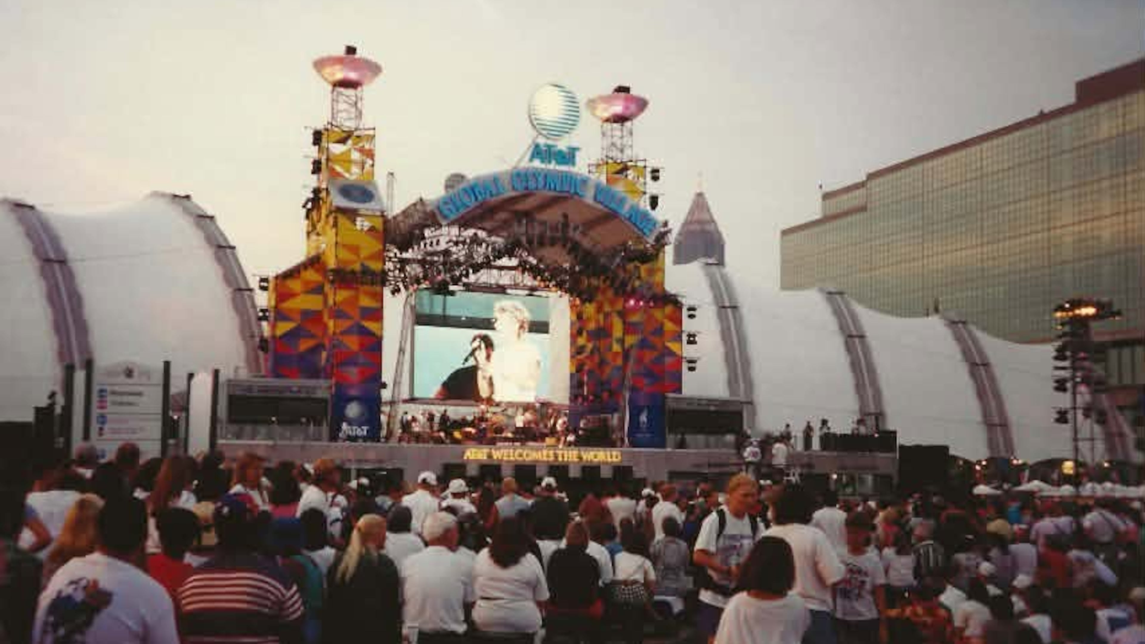 Crowds gather near a stage at the 1996 Olympic Village in Atlanta. Felicia Schlafer remembers the city as "electric," a visit that ultimately inspired her to move to metro Atlanta. (Courtesy of Felicia Schlafer)