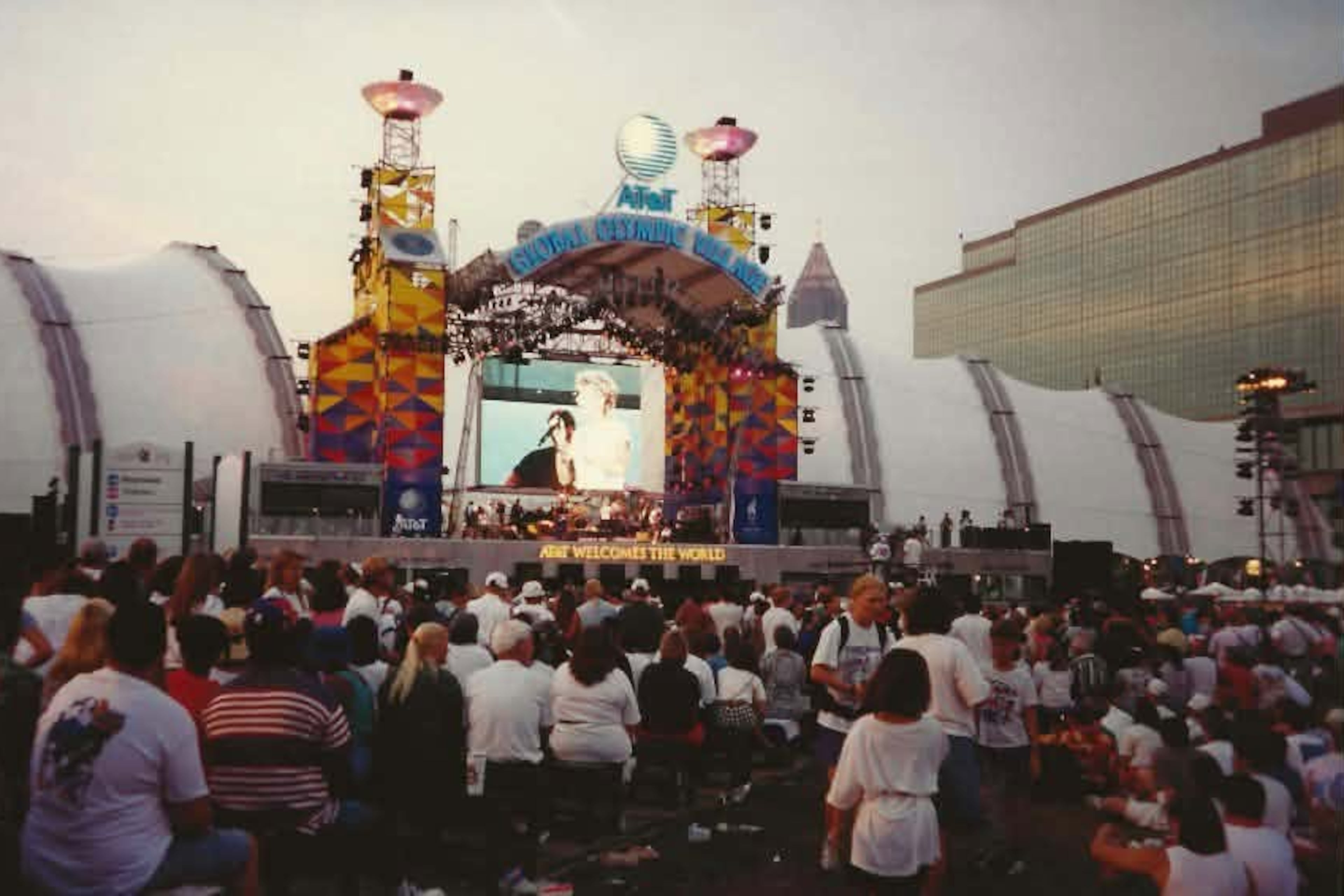 Crowds gather near a stage at the 1996 Olympic Village in Atlanta. Felicia Schlafer remembers the city as "electric," a visit that ultimately inspired her to move to metro Atlanta. (Courtesy of Felicia Schlafer)