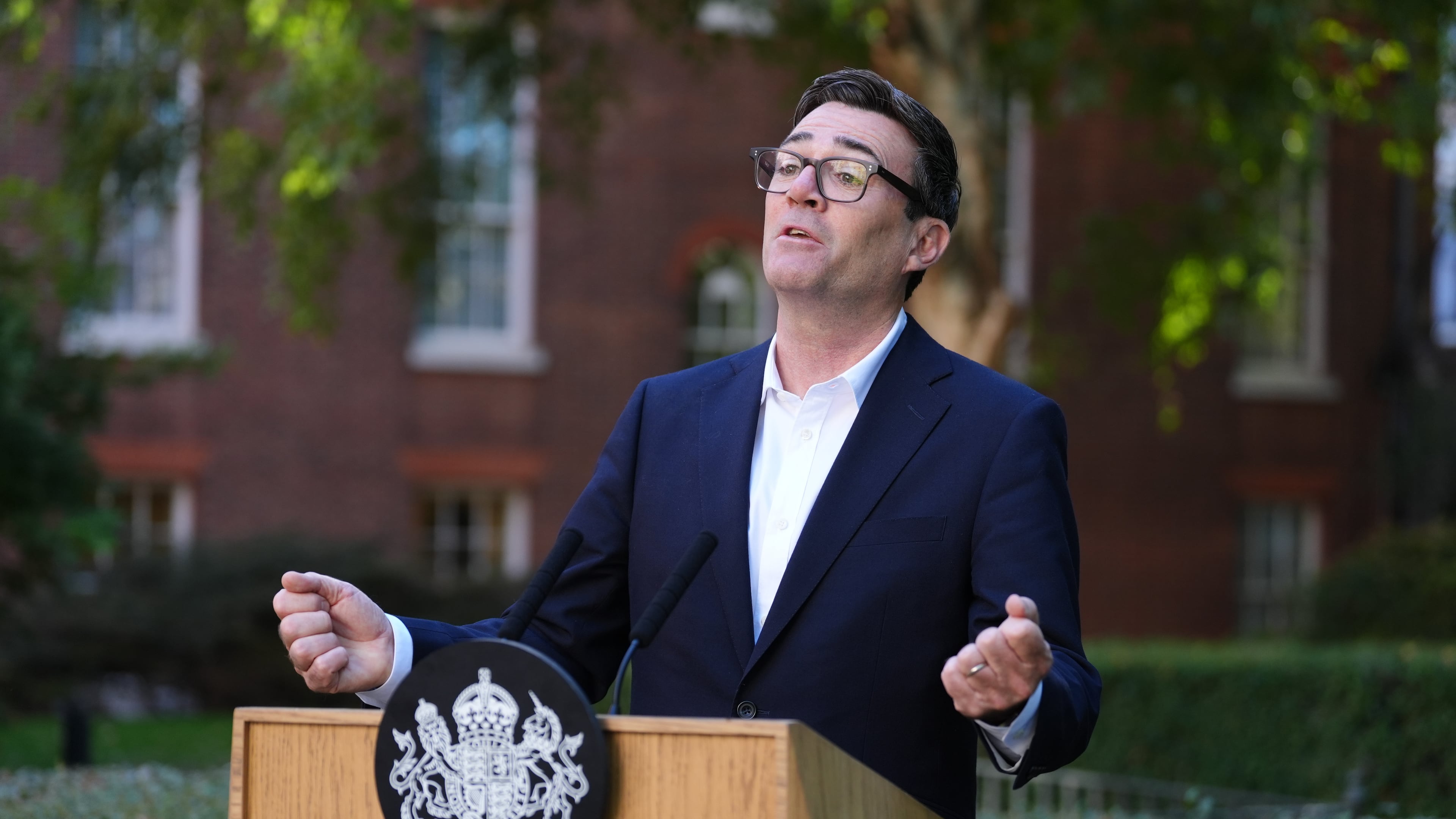 Britain's Prime Minister Andy Burnham gives a speech during a reception at 10 Downing Street, London, Monday Sept. 21, 2026, to recognise the contribution of organisations and volunteers who supported communities across the UK this summer, through the recent heatwaves, wildfires and other emergencies. (Jonathan Brady/Pool Photo via AP)