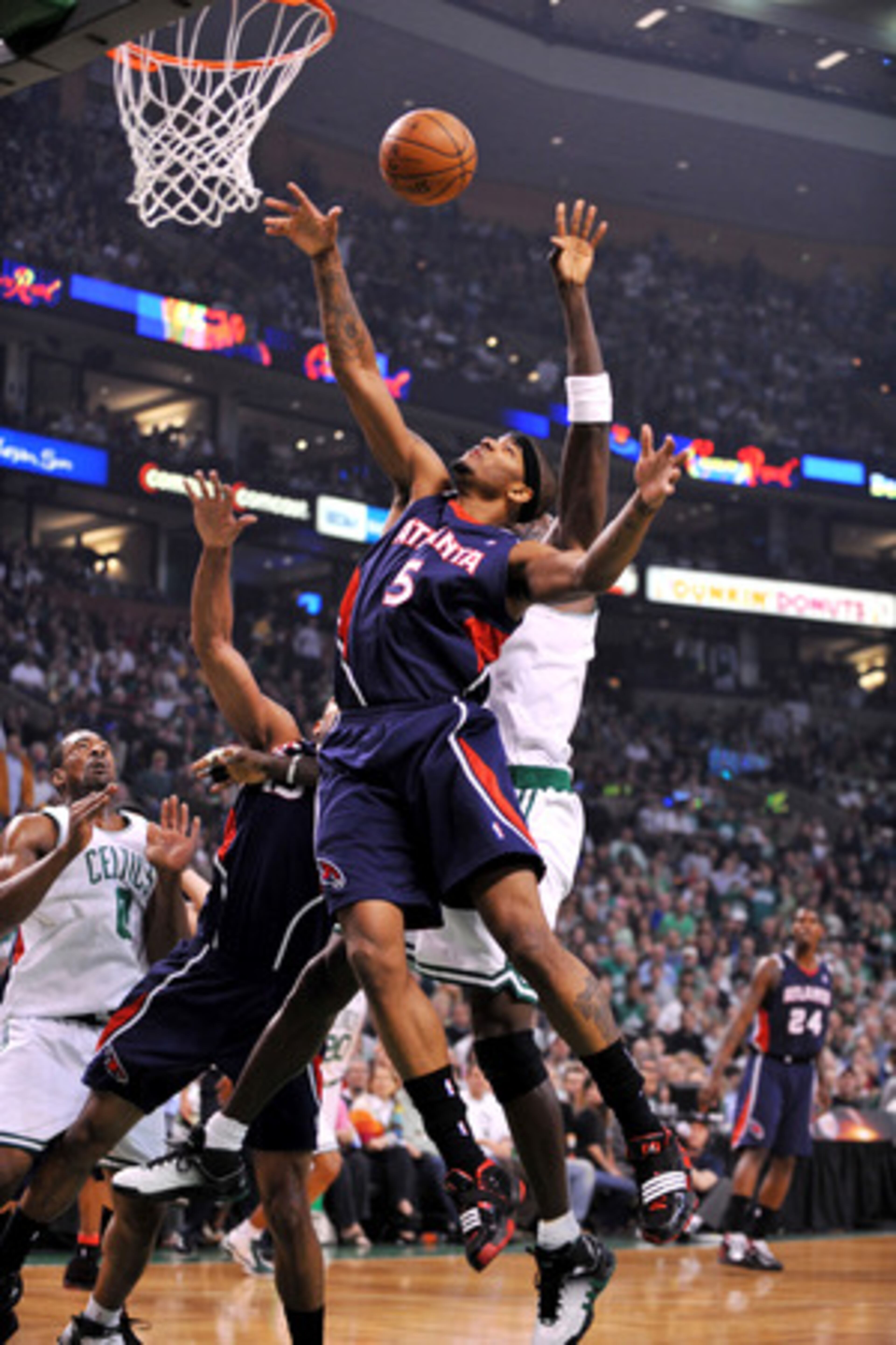 Hawks' leading blocker, Josh Smith, has his lay up rejected by the Celtics' Kevin Garnett.