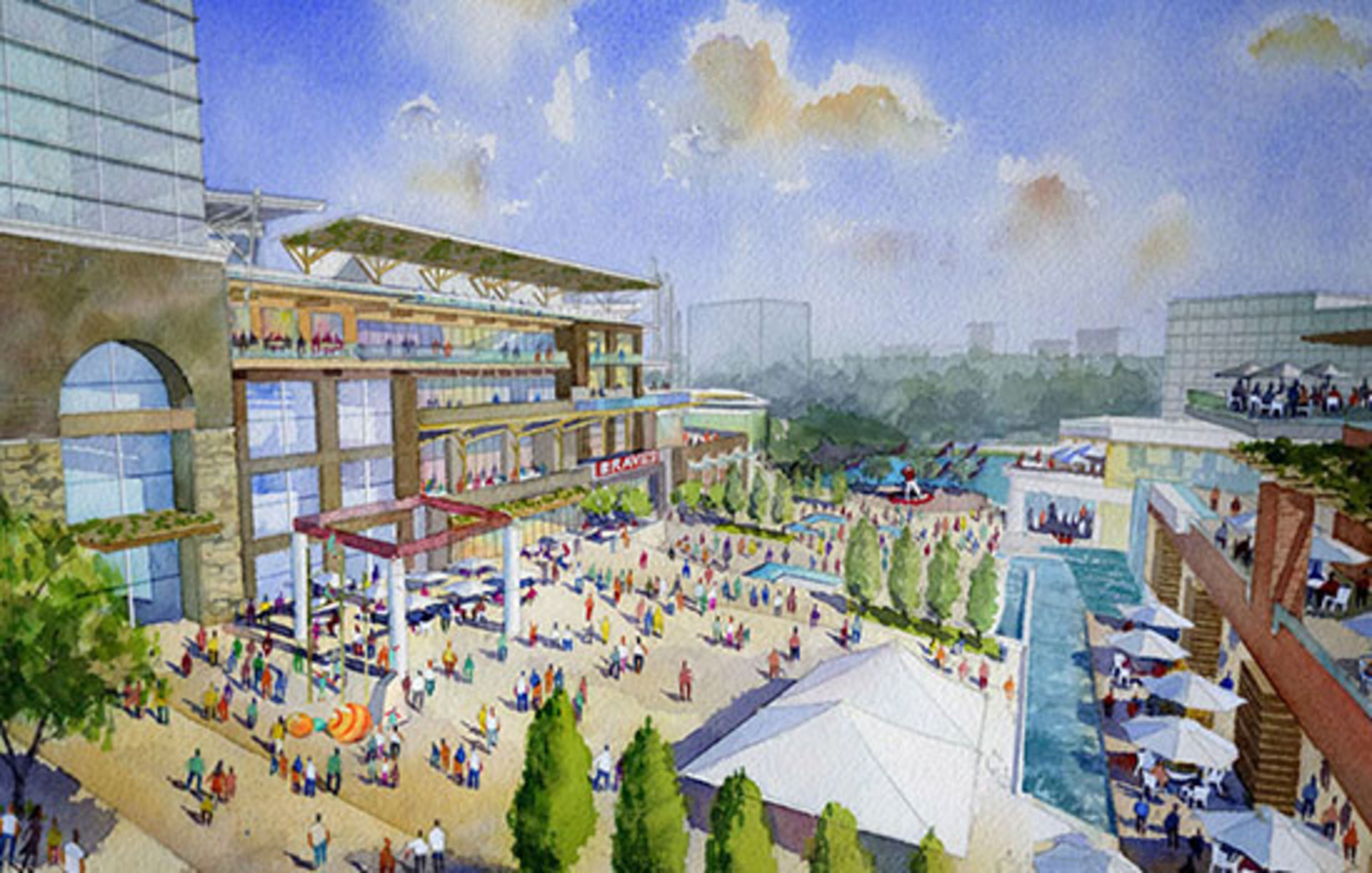 The plaza will be a grand central gathering space for fans, families, residents and visitors. It will serve as a hub of activity, with new and fresh events throughout the year. Residents and visitors might catch a concert, movie, or a craft beer in the entertainment venues neighboring the plaza, or enjoy a weekend street festival. On game days, members of Braves Country will gather in the plaza, surrounded by iconic team monuments and championship flags. -- The Atlanta Braves