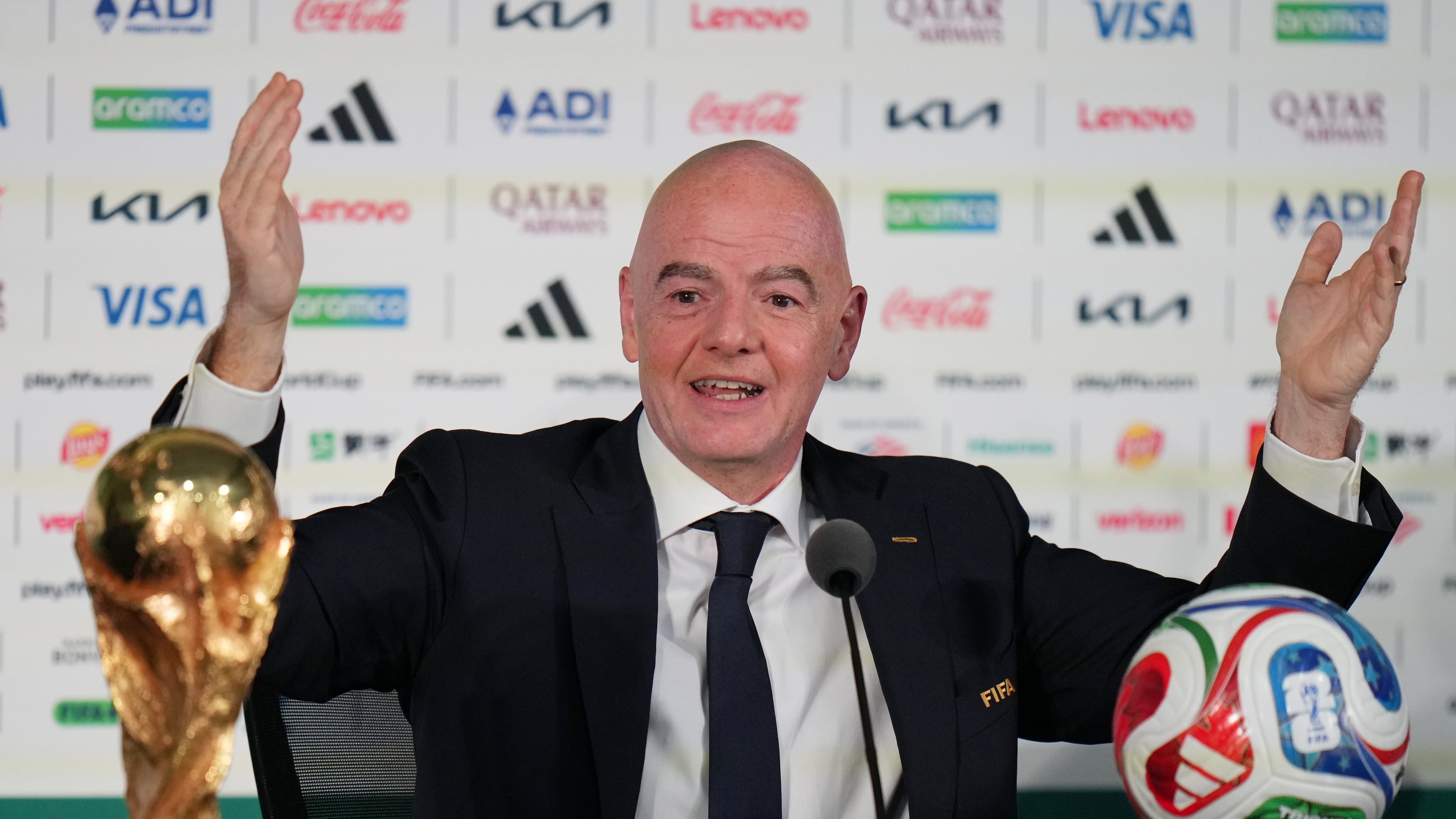 FIFA President Gianni Infantino speaks during a news conference at the stadium in Mexico City, Wednesday, June 10, 2026, a day before the opening FIFA World Cup match between Mexico and South Africa. (AP Photo/Eduardo Verdugo)