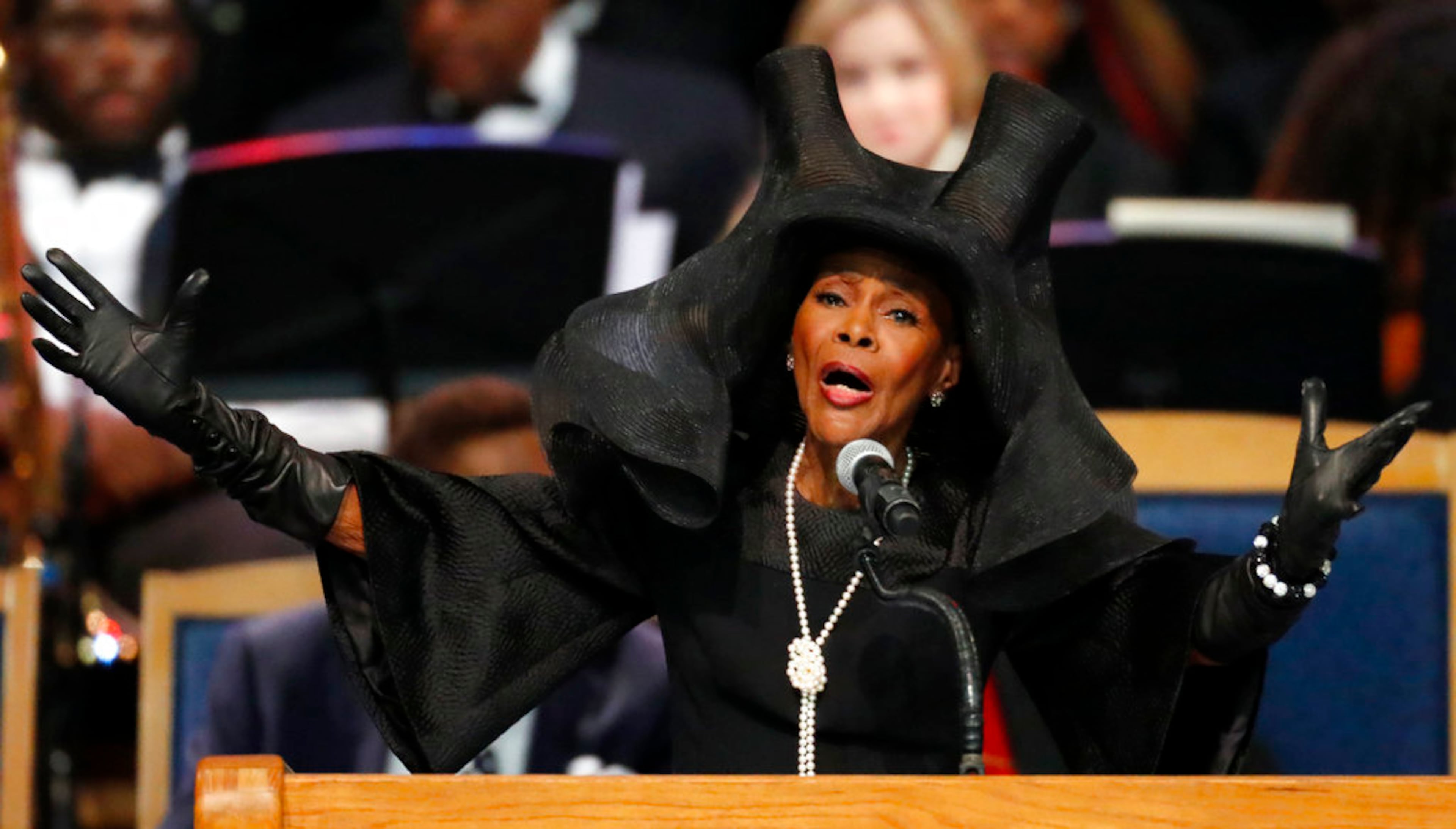 Cicely Tyson speaks during the funeral service for Aretha Franklin at Greater Grace Temple, Friday, Aug. 31, 2018, in Detroit. Franklin died Aug. 16, 2018 of pancreatic cancer at the age of 76. (AP Photo/Paul Sancya)