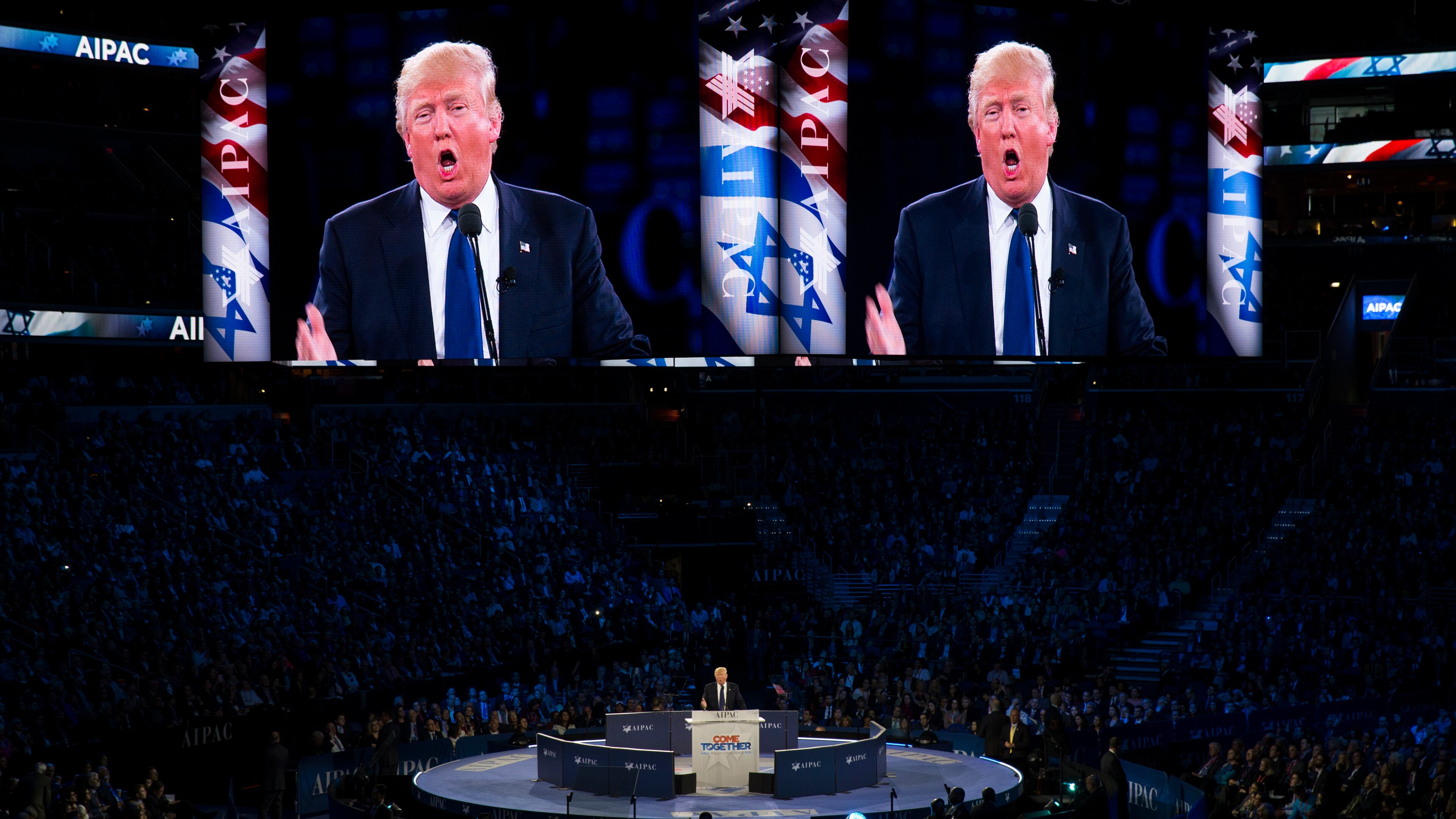 Republican presidential candidate Donald Trump speaks at the 2016 American Israel Public Affairs Committee policy conference on Monday in Washington. AP/Evan Vucci Republican presidential candidate Donald Trump speaks at the 2016 American Israel Public Affairs Committee (AIPAC) Policy Conference at the Verizon Center, on Monday, March 21, 2016, in Washington. (AP Photo/Evan Vucci)