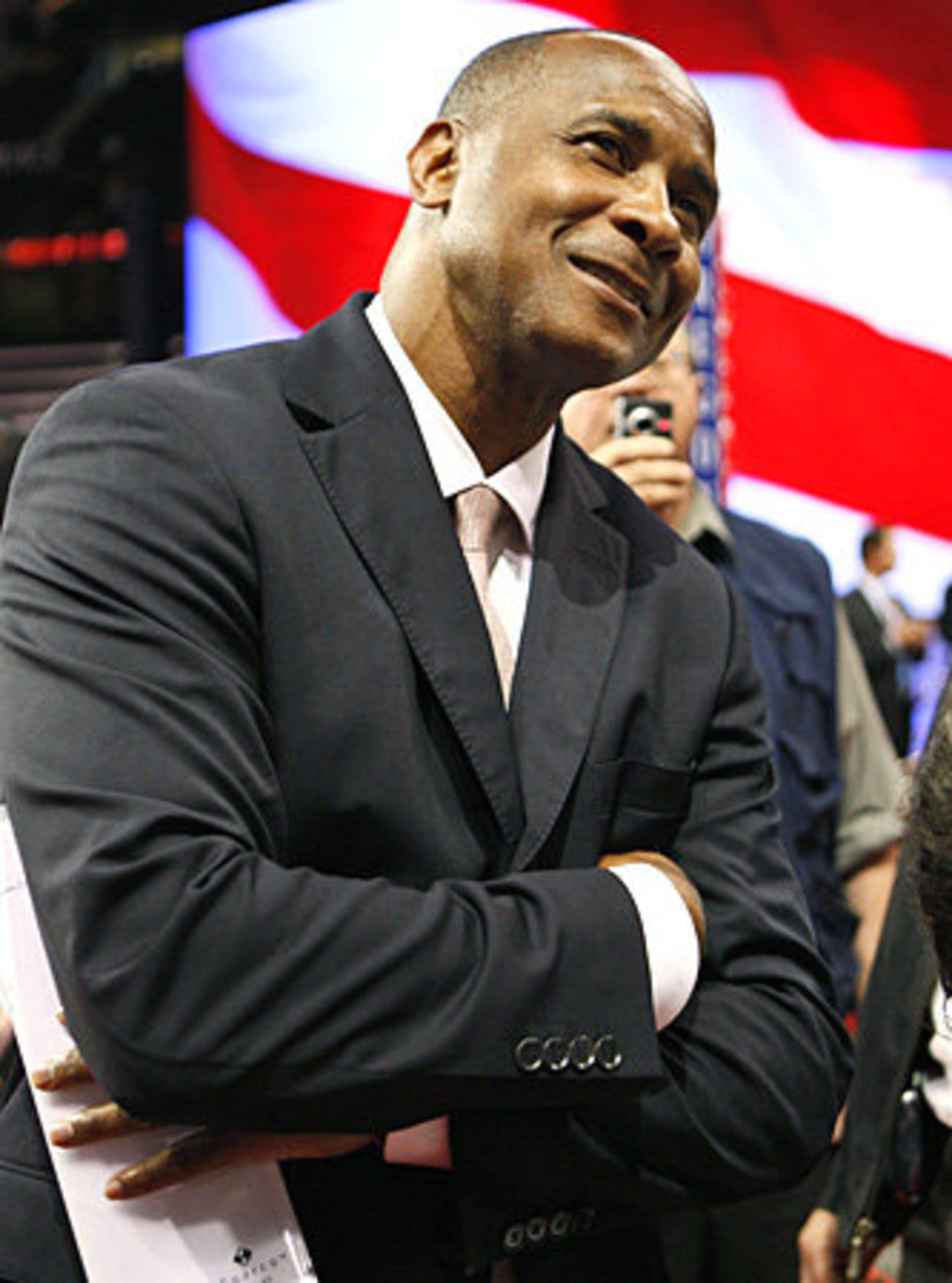 Former Pittsburgh Steelers star Lynn Swann talks to reporters Tuesday on the floor of the Republican National Convention in St. Paul, Minn. Swann ran for governor of Pennsylvania as a Republican in 2006, but lost to the Democratic incumbent.