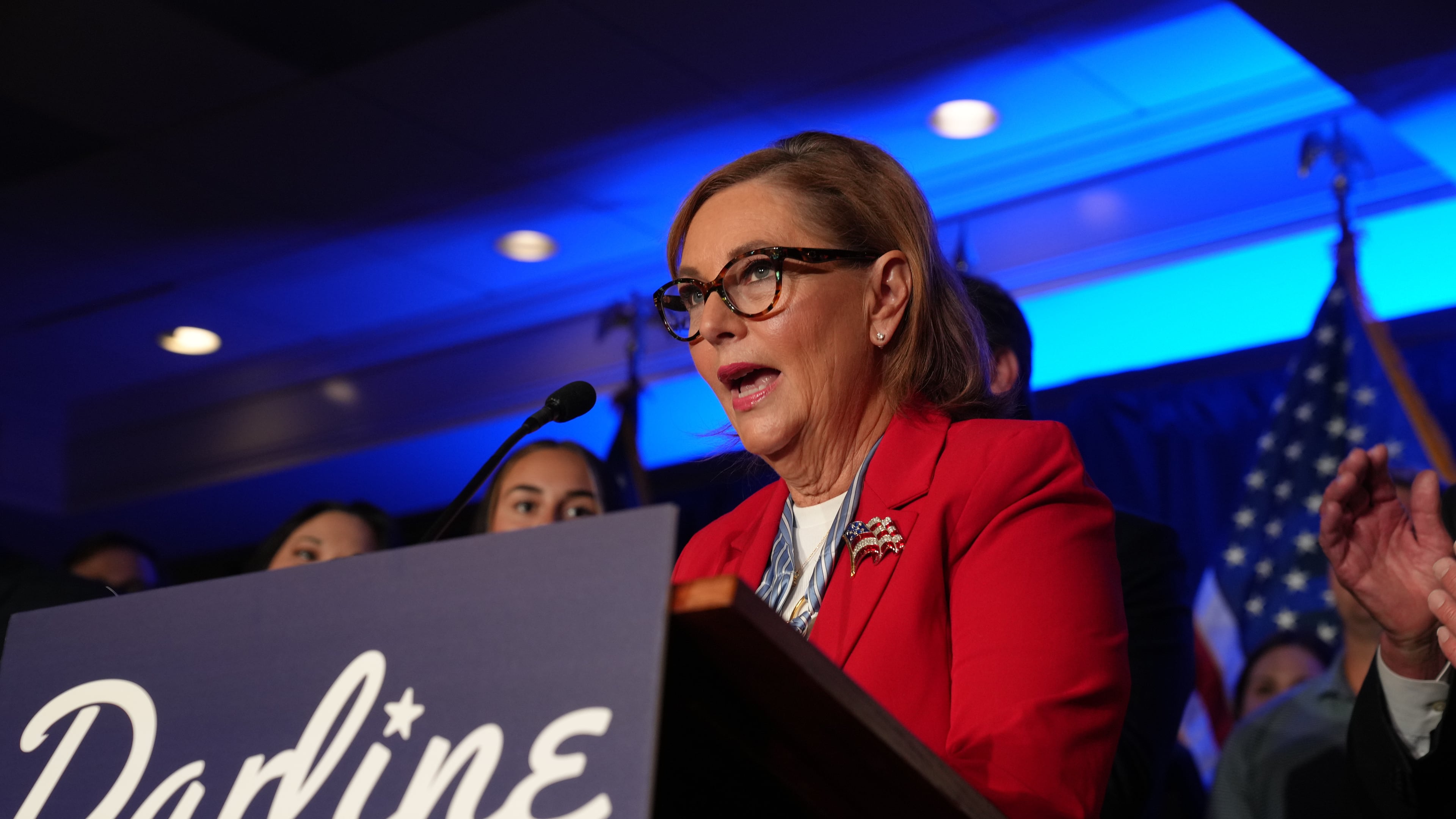 Sen. Darline Graham, R-S.C., gives a speech to supporters after winning a special Republican primary runoff to replace her brother, the late Sen. Lindsey Graham, R-S.C., in the November general election, Tuesday, Aug. 25, 2026, in Columbia, S.C. (AP Photo/Meg Kinnard)