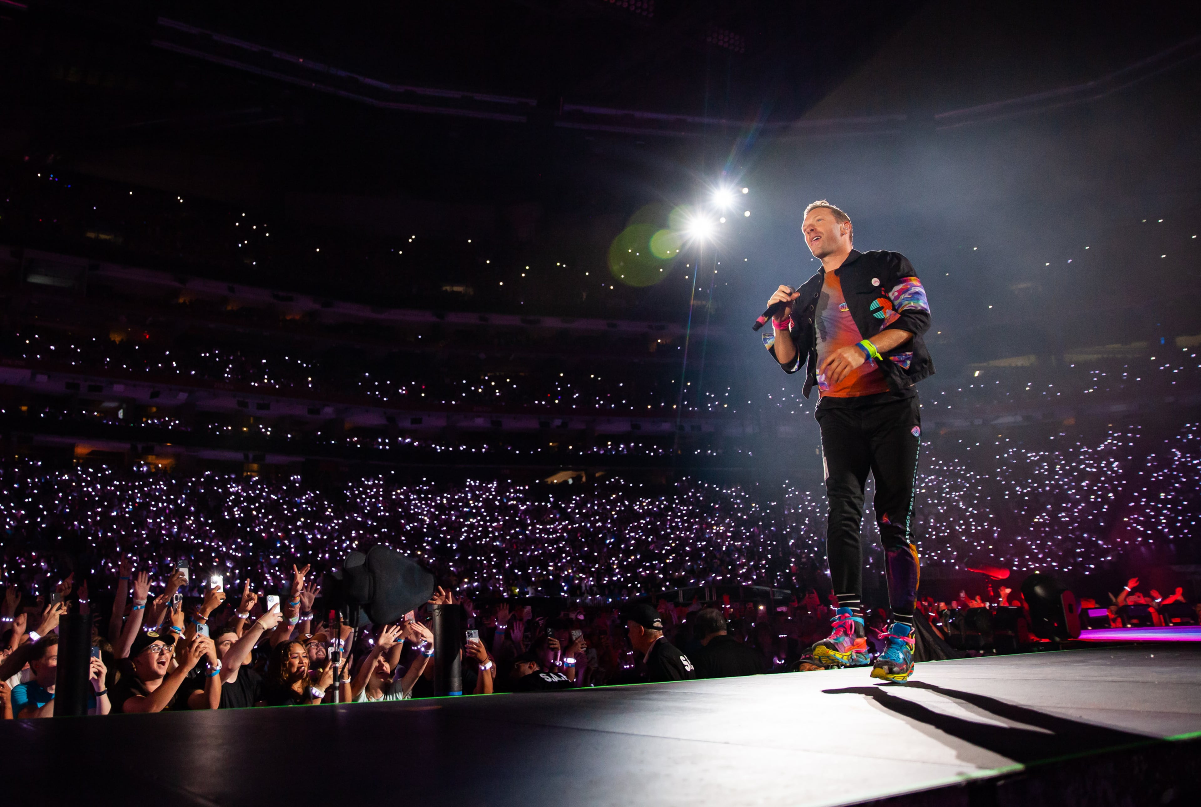 Singer Chris Martin, guitarist Jonny Buckland, bassist Guy Berryman and drummer Will Champion brought Coldplay's eco-friendly, low carbon Music of the Spheres World Tour to Mercedes-Benz Stadium in Atlanta on Saturday night, June 11, 2022. (Ryan Fleisher for The Atlanta Journal-Constitution)