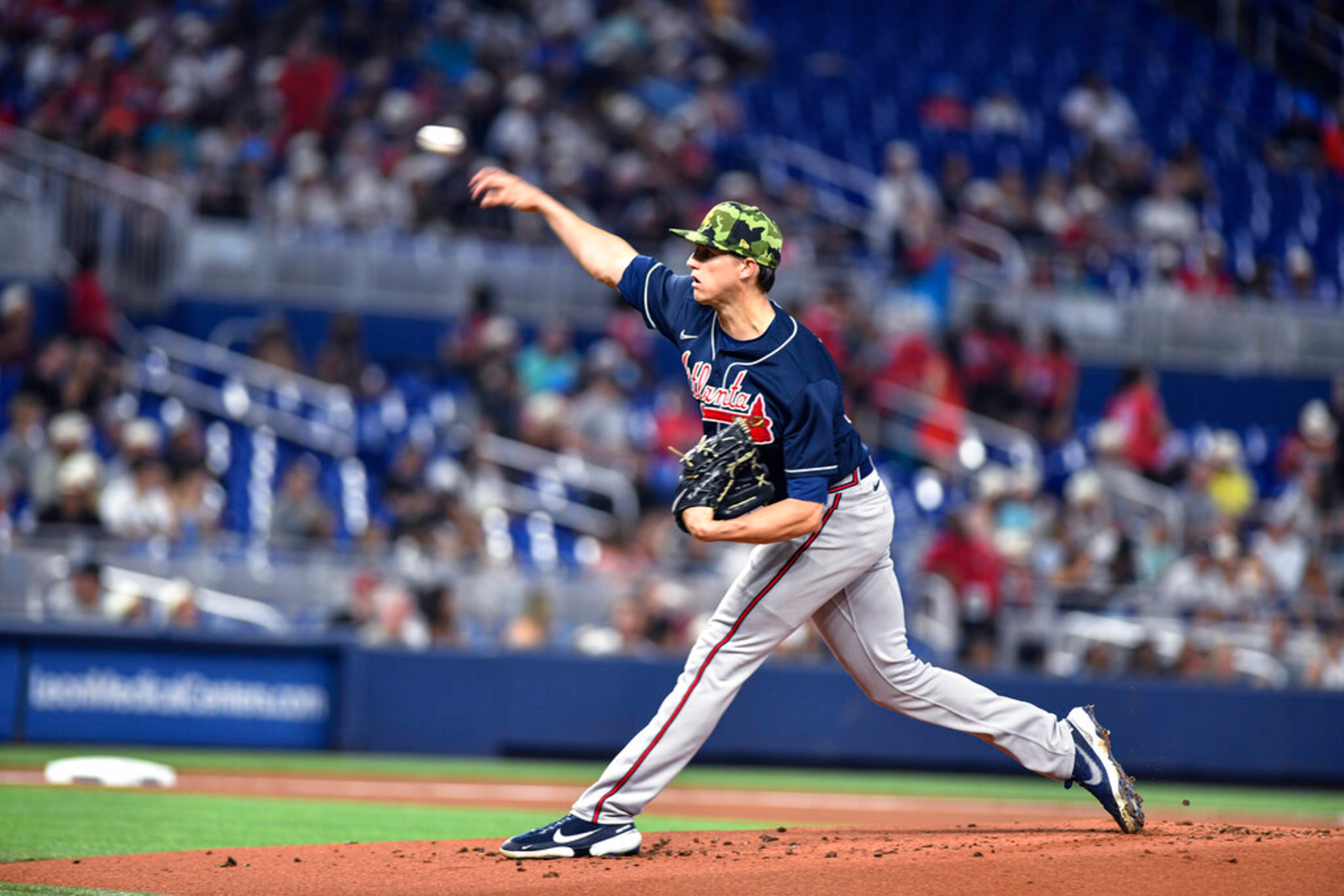 Atlanta Braves starting pitcher Kyle Wright throws during the first inning of the team's baseball game against the Miami Marlins, Saturday, May 21, 2022, in Miami. (AP Photo/Gaston De Cardenas)