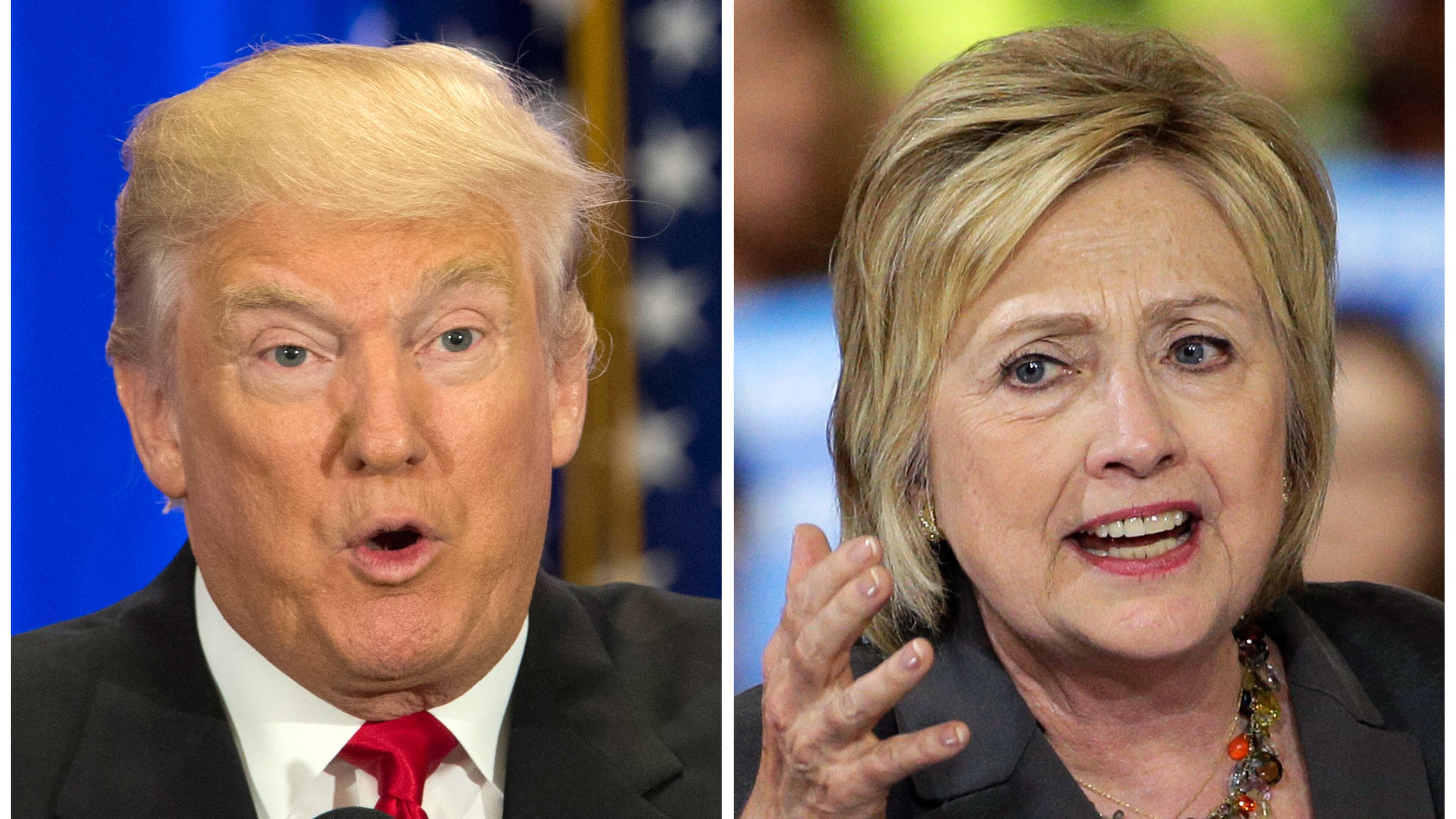 This photo combo of file images shows U.S. presidential candidates Donald Trump, left, and Hillary Clinton. Income inequality has been a rallying cry of the 2016 election, with more Americans turning fearful and angry about a shrinking middle class. Trump has pledged to restore prosperity by ripping up trade deals and using tariffs to return manufacturing jobs from overseas. Clinton has backed a debt-free college option and higher minimum wages to help the middle class. (AP Photo/Mary Altaffer, Chuck Burton)