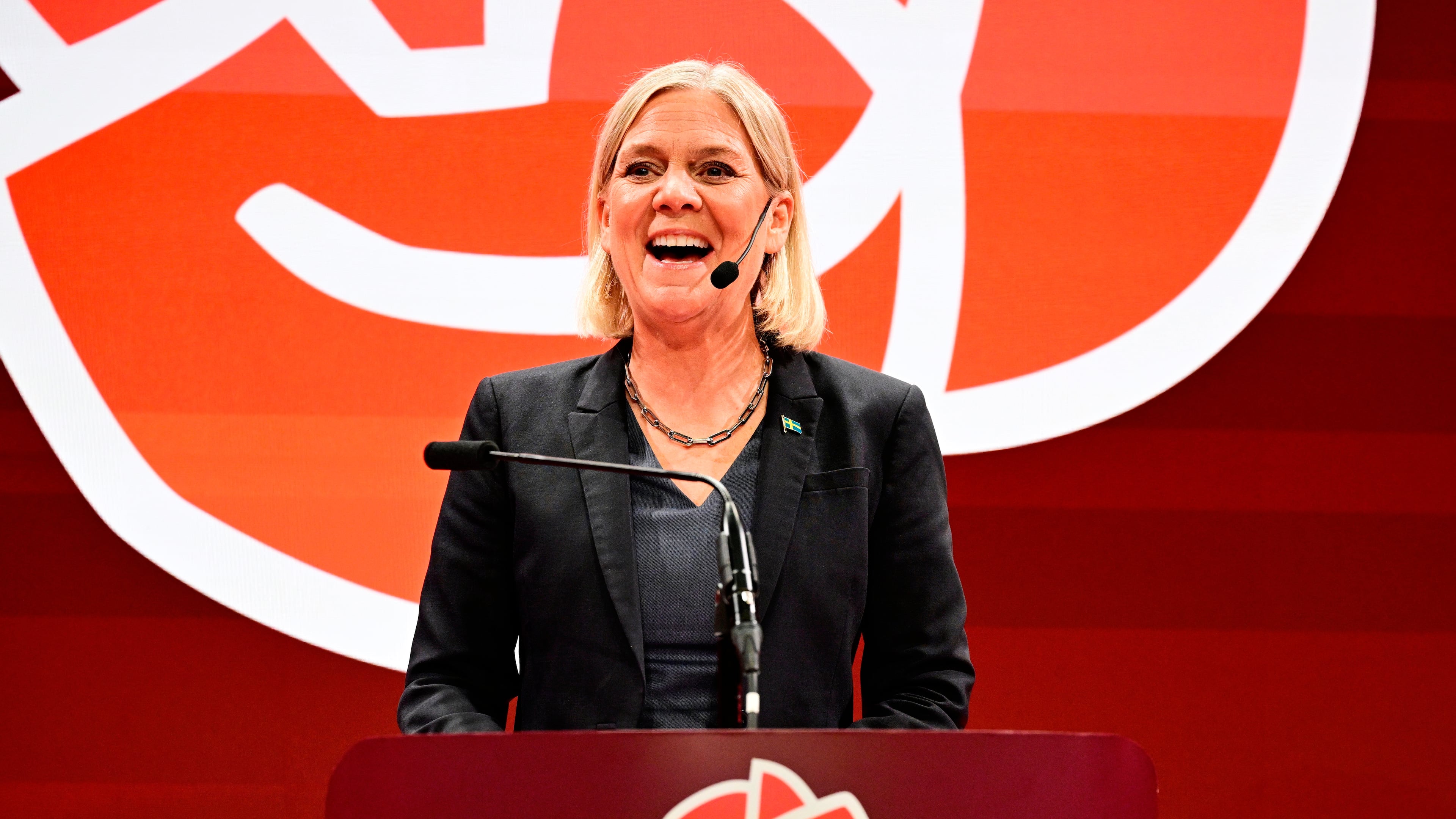 Social Democrats party leader Magdalena Andersson speaks during the Social Democrats' election night watch party, Sunday, Sept. 13, 2026, in Stockholm. (Jonas Ekströmer/TT News Agency via AP)