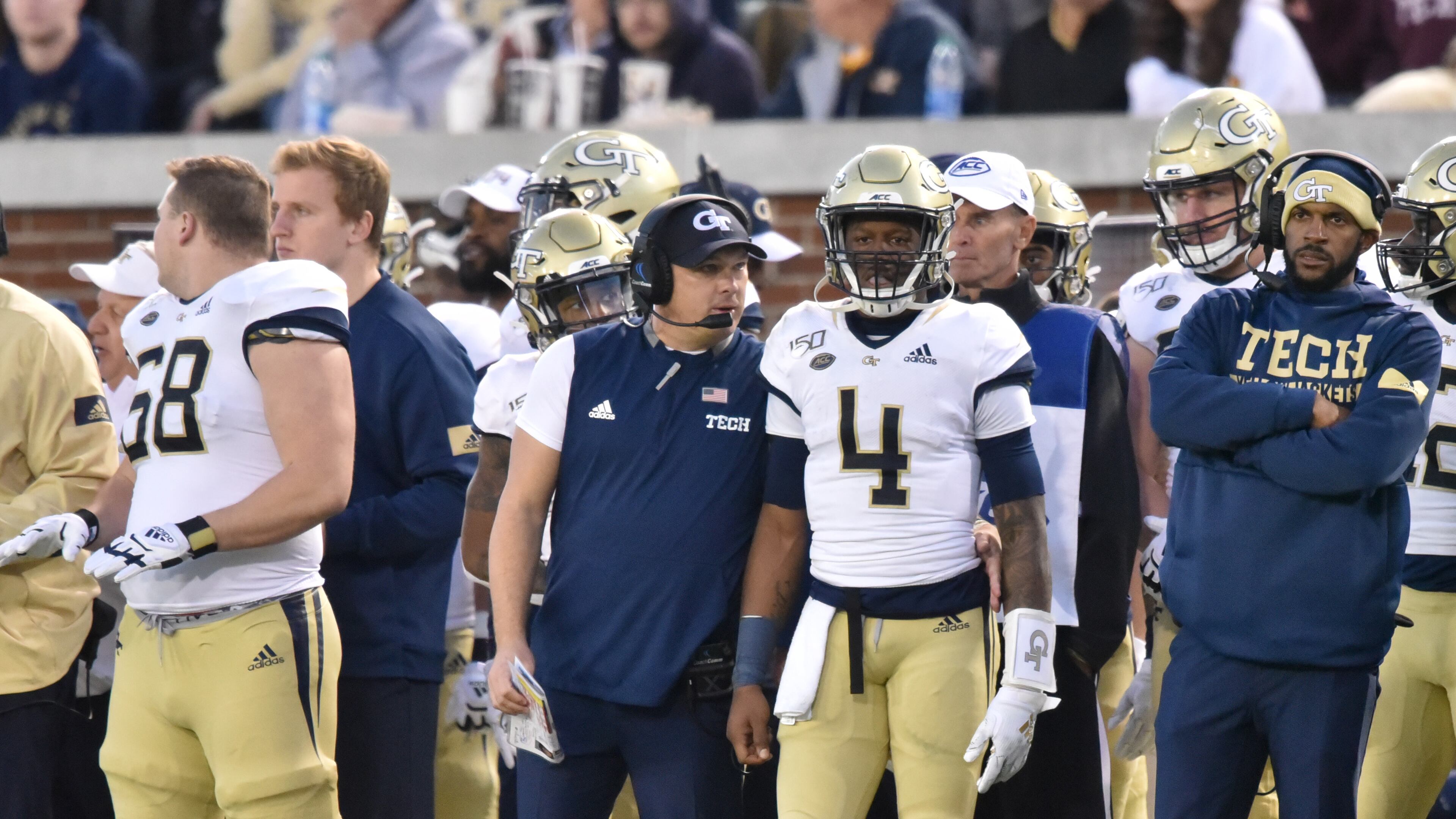 Georgia Tech head coach Geoff Collins instructs Georgia Tech quarterback James Graham (4) during the second half of an NCAA college football game at Bobby Dodd Stadium on Saturday, November 16, 2019. Virginia Tech won 45-0 over the Georgia Tech. (Hyosub Shin / Hyosub.Shin@ajc.com)