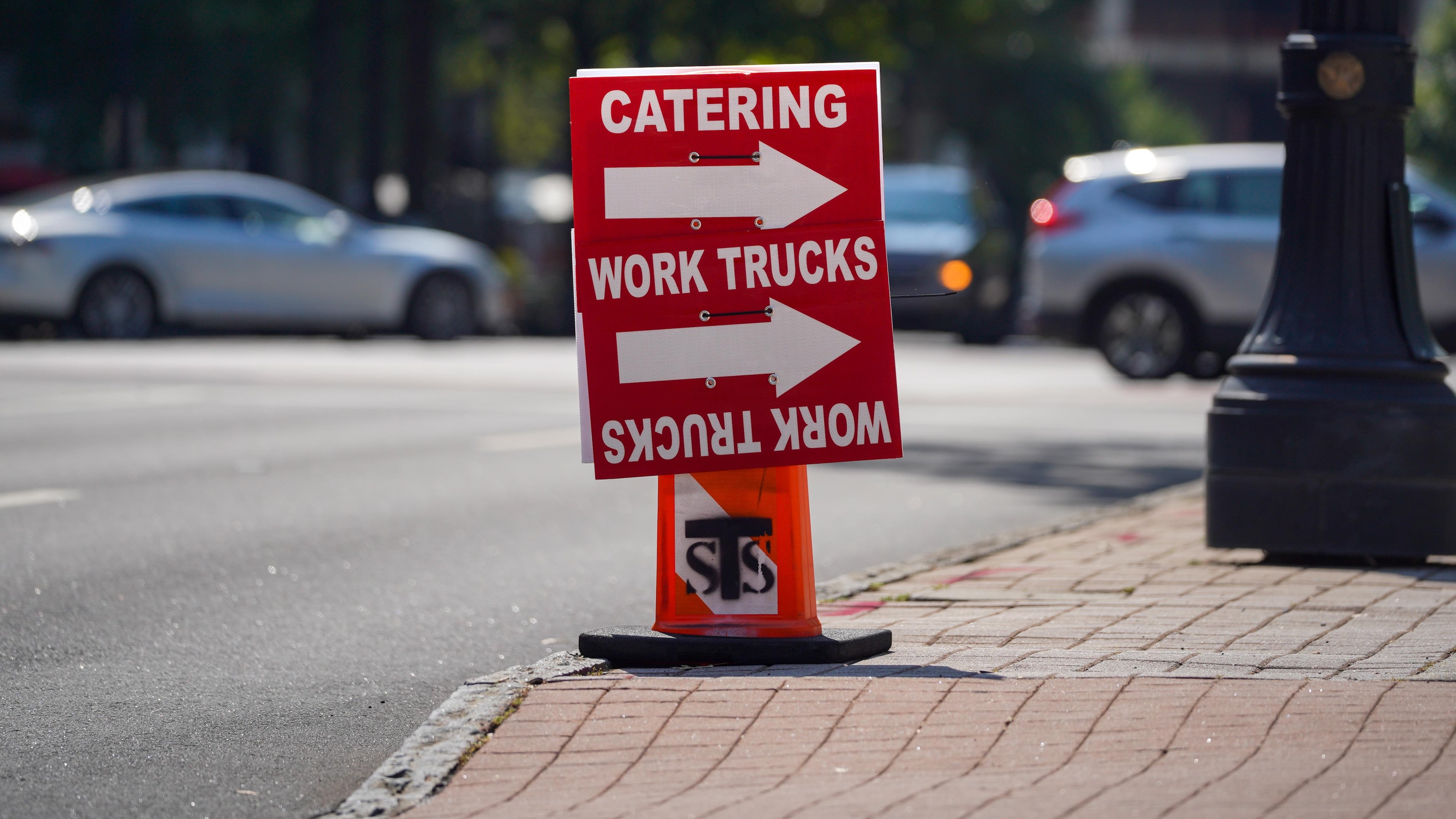 A catering sign is set up at the Woodruff Arts Center during filming on Monday, Sept. 21, 2026. (Ben Hendren for the AJC)
