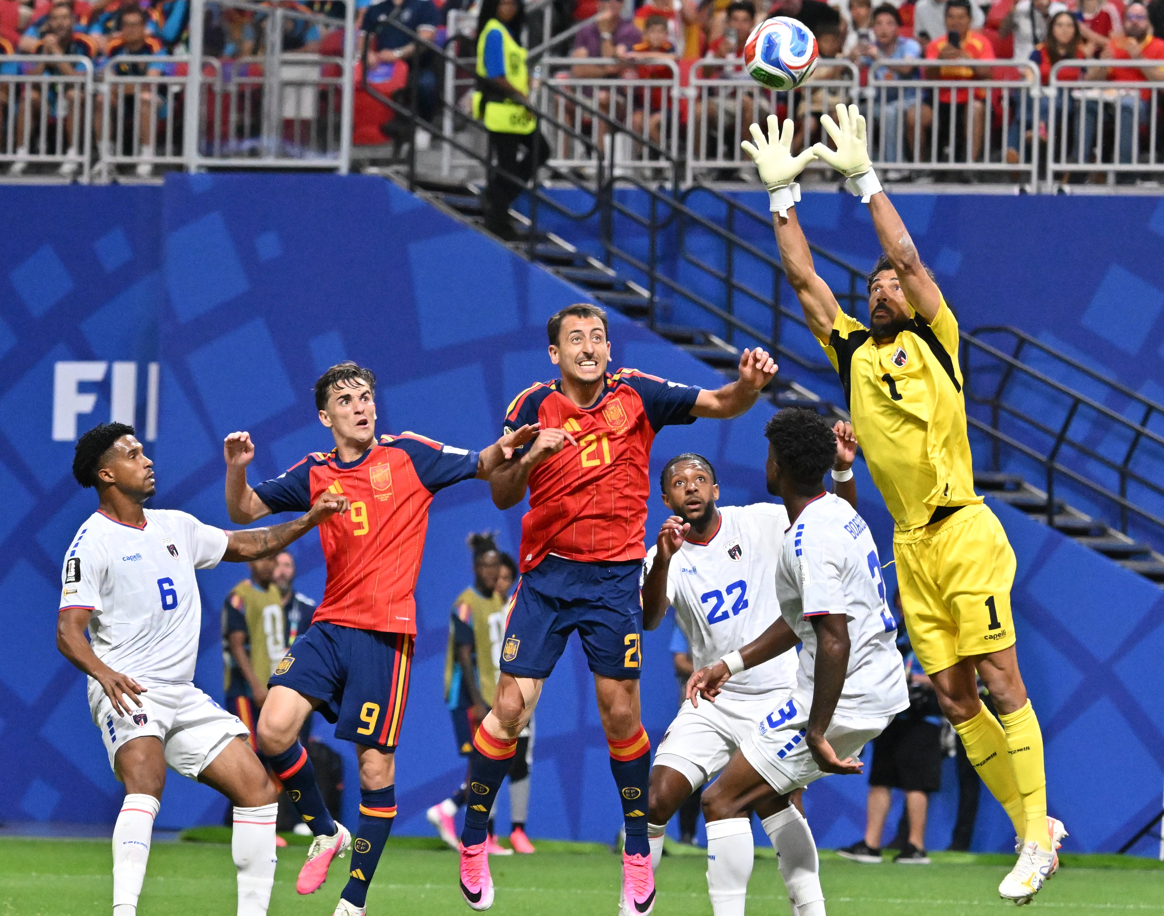 Cape Verde goalkeeper Vozinhav(1) leaps for the ball makes a save during second half of Spain vs. Cape Verde Group H match at Atlanta Stadium (Mercedes-Benz Stadium) on Monday, June 15, 2026. (Hyosub Shin/AJC)