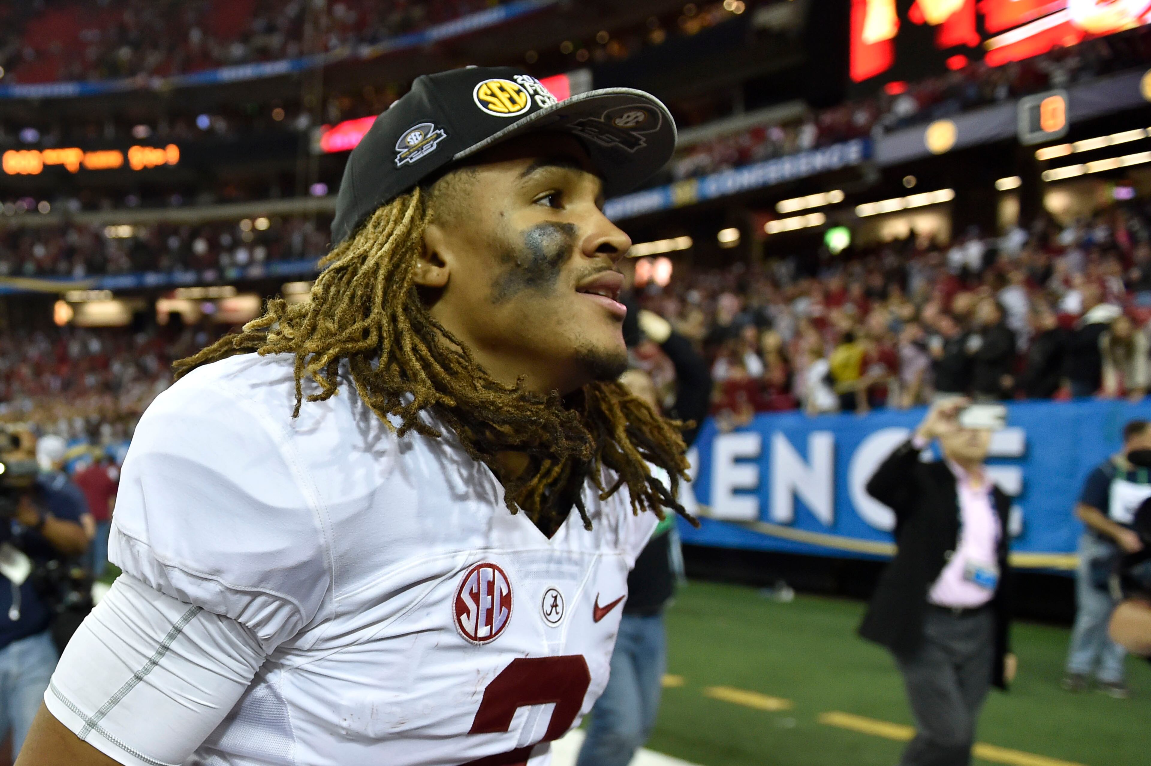 December 3, 2016, Atlanta - Alabama quarterback Jalen Hurts (2) walks off the field after the SEC Championship Game between the Alabama Crimson Tide and the Florida Gators in Atlanta, Georgia, on Saturday, December 3, 2016. Alabama defeated Florida 54-16. (DAVID BARNES / DAVID.BARNES@AJC.COM)