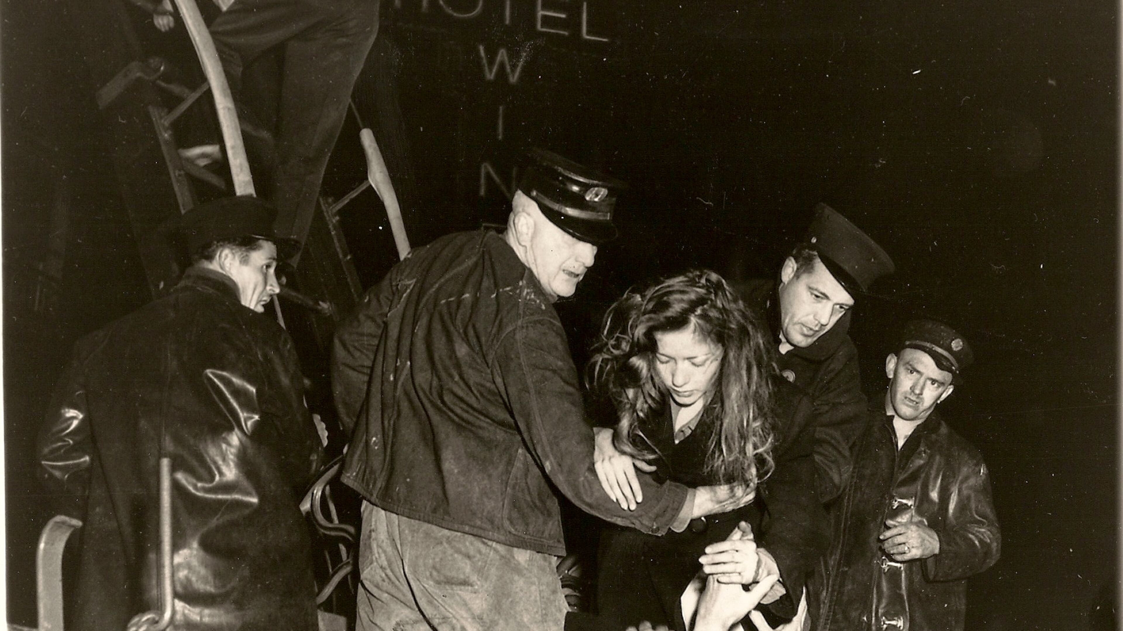 This photo was published on the front pages of at least two Journal extra editions on December 7, 1946. Rick Roberts, who died in 2011, is the firefighter on the far left. AJC archive photo