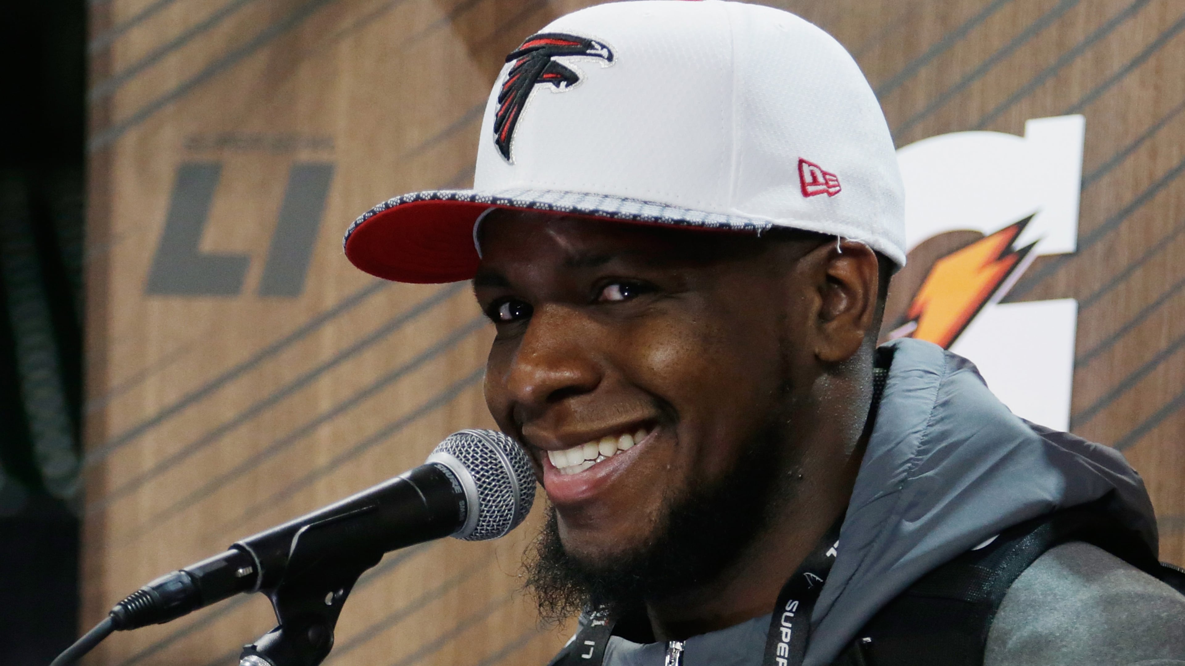 HOUSTON, TX - JANUARY 30: Mohamed Sanu #12 of the Atlanta Falcons speaks with the media during Super Bowl 51 Opening Night at Minute Maid Park on January 30, 2017 in Houston, Texas. (Photo by Bob Levey/Getty Images)