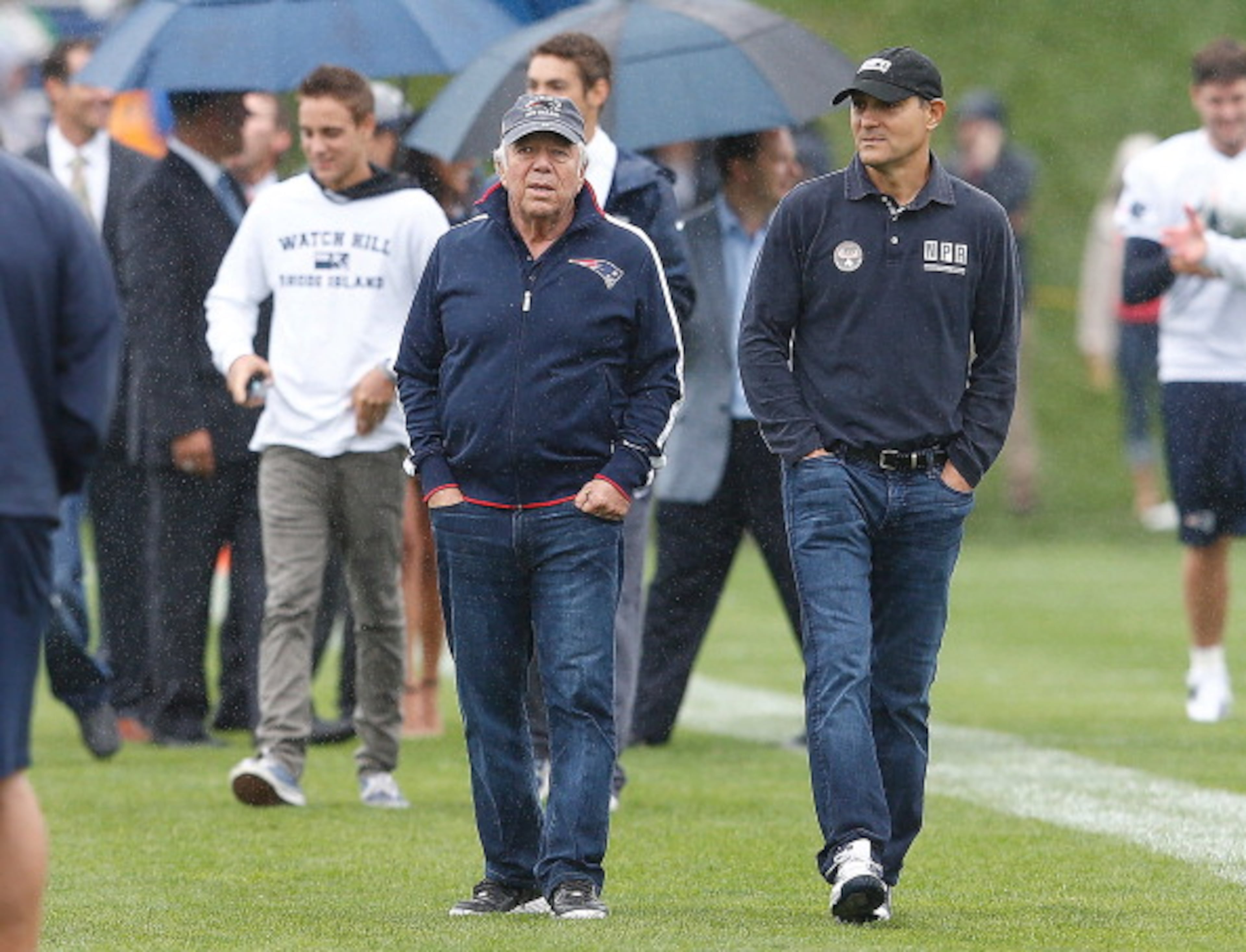 FOXBORO, MA - JULY 26: Robert Kraft, owner of the New England Patriots, watches the action during the first day of New England Patriots Training Camp at Gillette Stadium on July 26, 2013 in Foxboro, Massachusetts. (Photo by Jim Rogash/Getty Images)