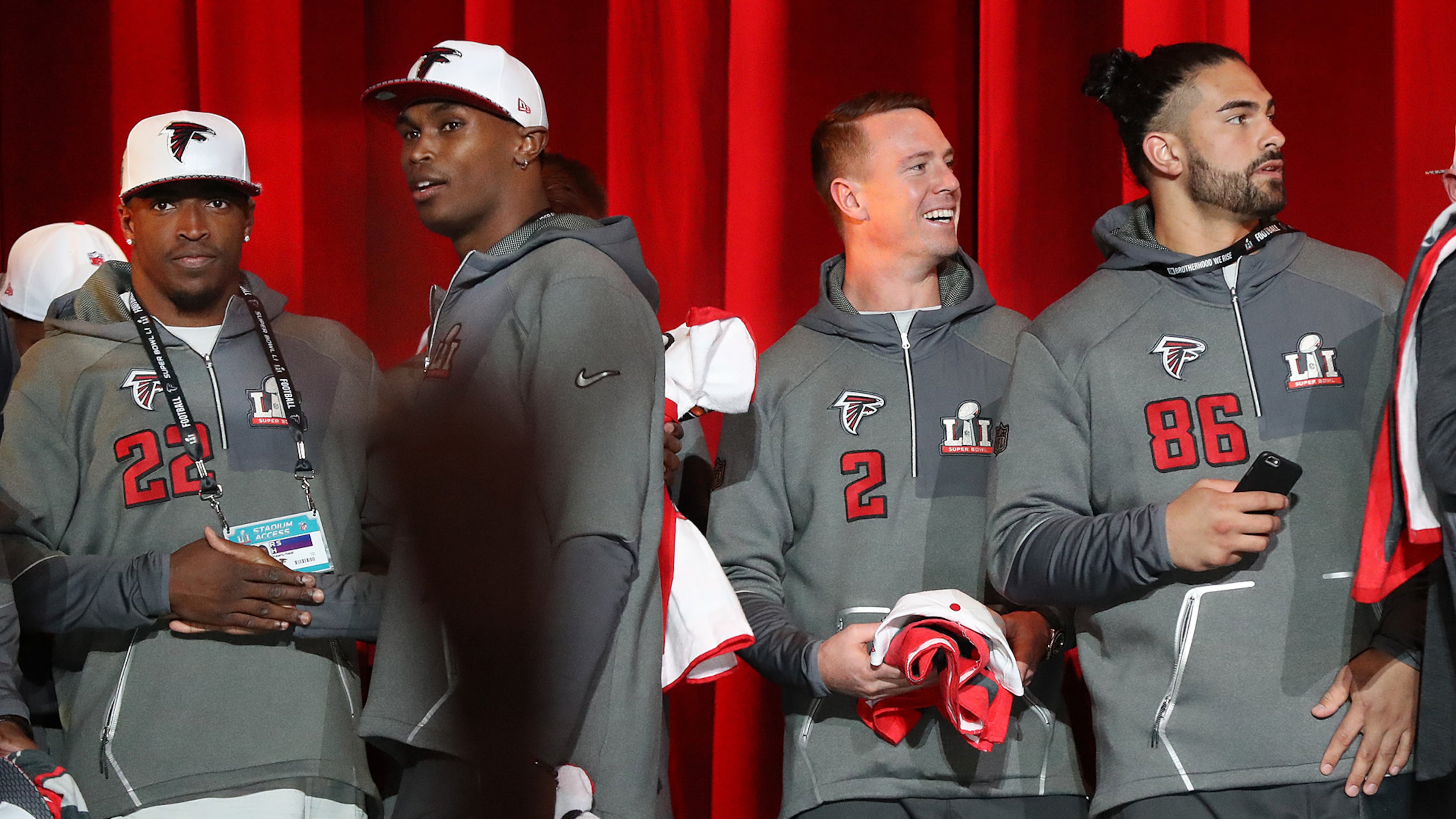 January 30, 2017, Houston: Keanu Neal (from left), Julio Jones, Matt Ryan, and D.J. Tialavea take the stage for the Super Bowl Opening Night on Monday, Jan. 30, 2017, at Minute Maid Park in Houston. Curtis Compton/ccompton@ajc.com